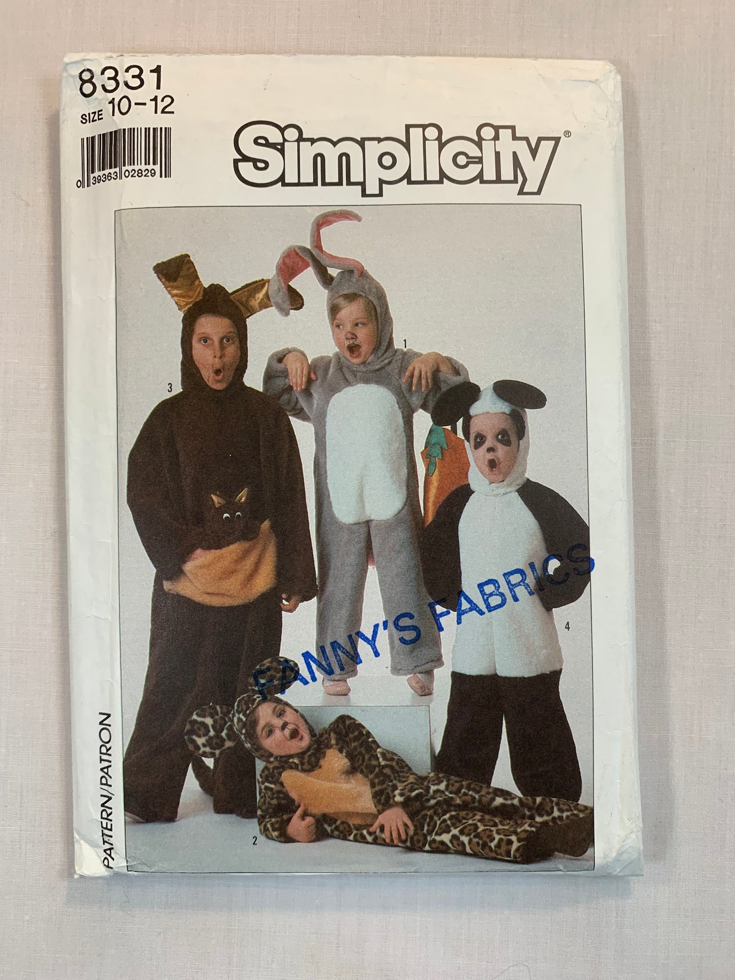 Simplicity Sewing Pattern 8331 Girls'/Boy's Costumes, Halloween, Bunny, Leopard, Kangaroo, Panda, Bodysuit, Head Pieces, Size 10-12, Uncut, Vintage 1987