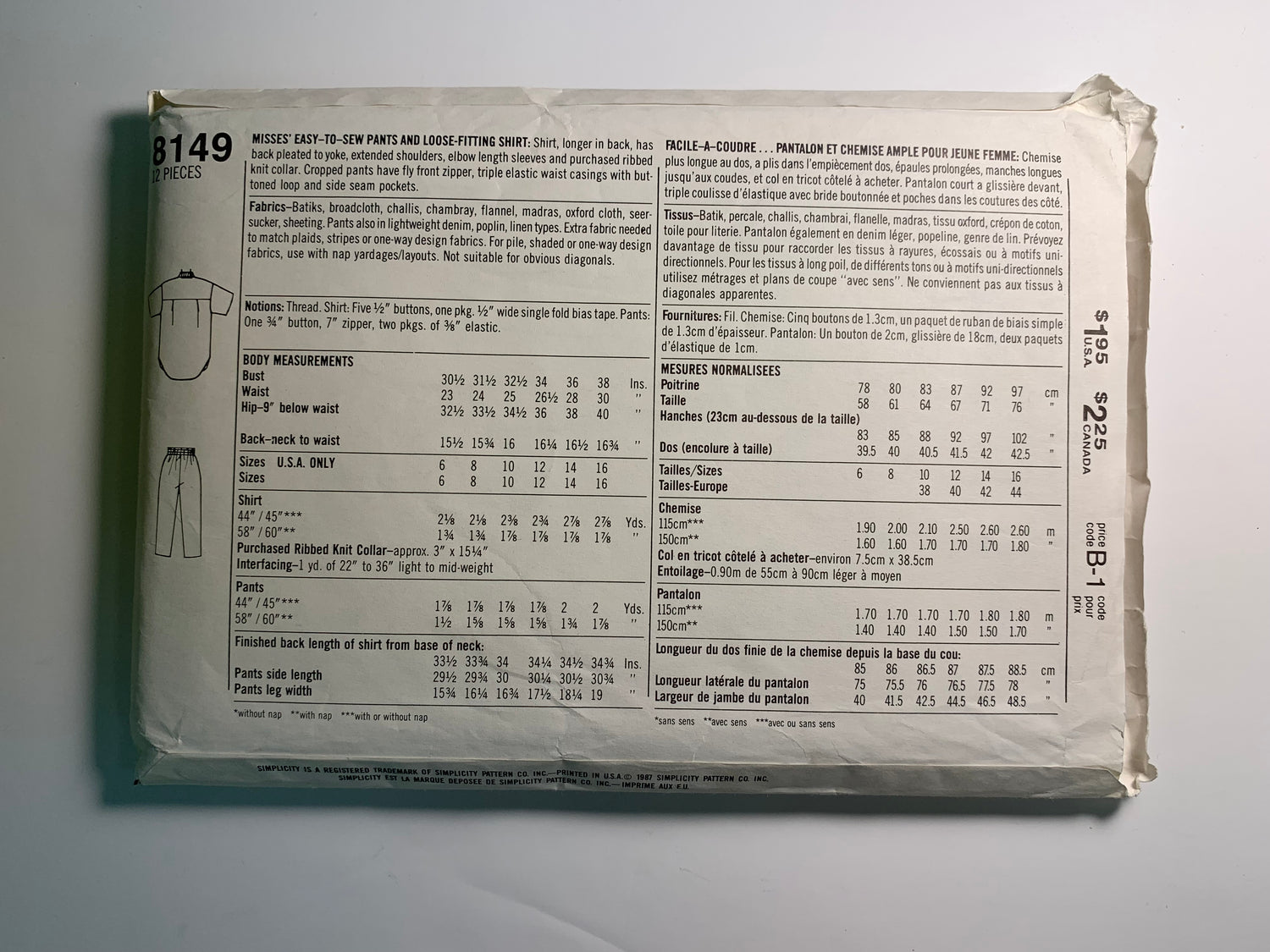 Simplicity 8149 Super Saver Pants, Top, Size 10-16, Cut, Vintage 1987