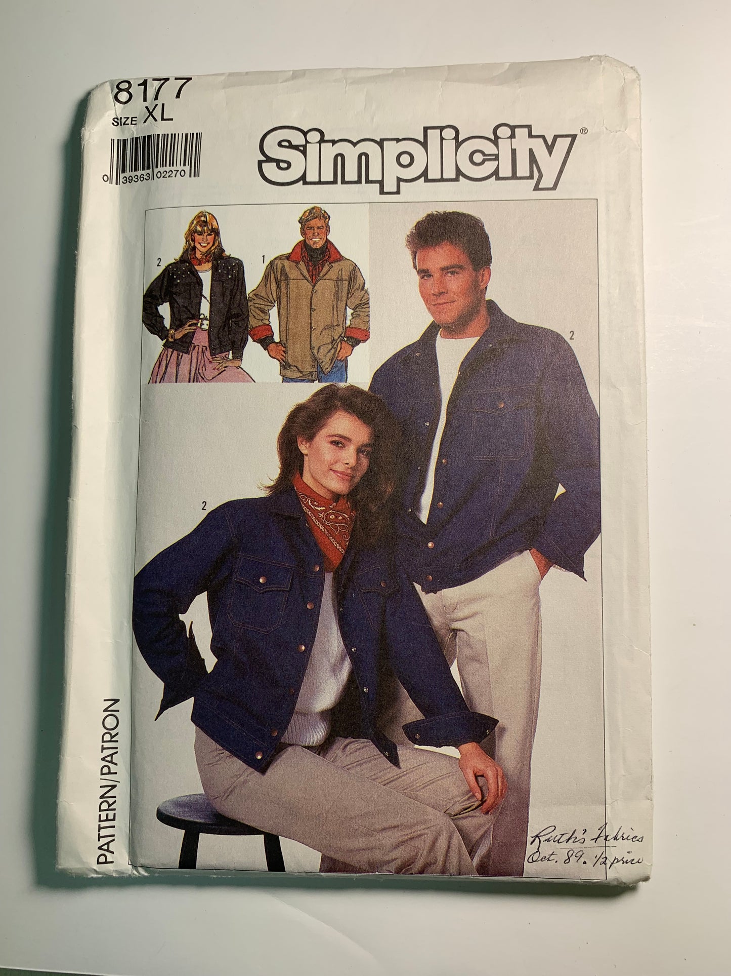 Simplicity 8177 Misses', Men's, Teens' Unlined Jacket, Size 42-44, Uncut, Vintage 1987