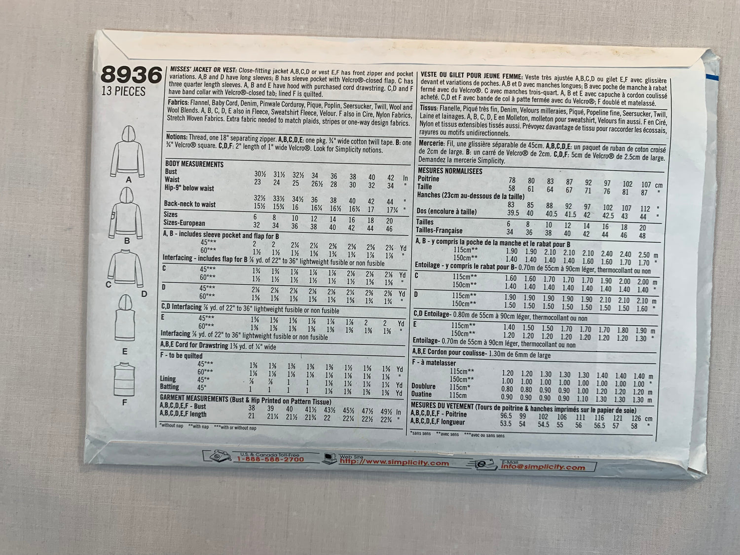 Simplicity Sewing Pattern 8936 Misses' Hooded Jacket/Vest, Zipper Front, Pockets, Long Sleeves, Sleeveless, Close-Fitting, Size 6-12, Uncut, Vintage 1999