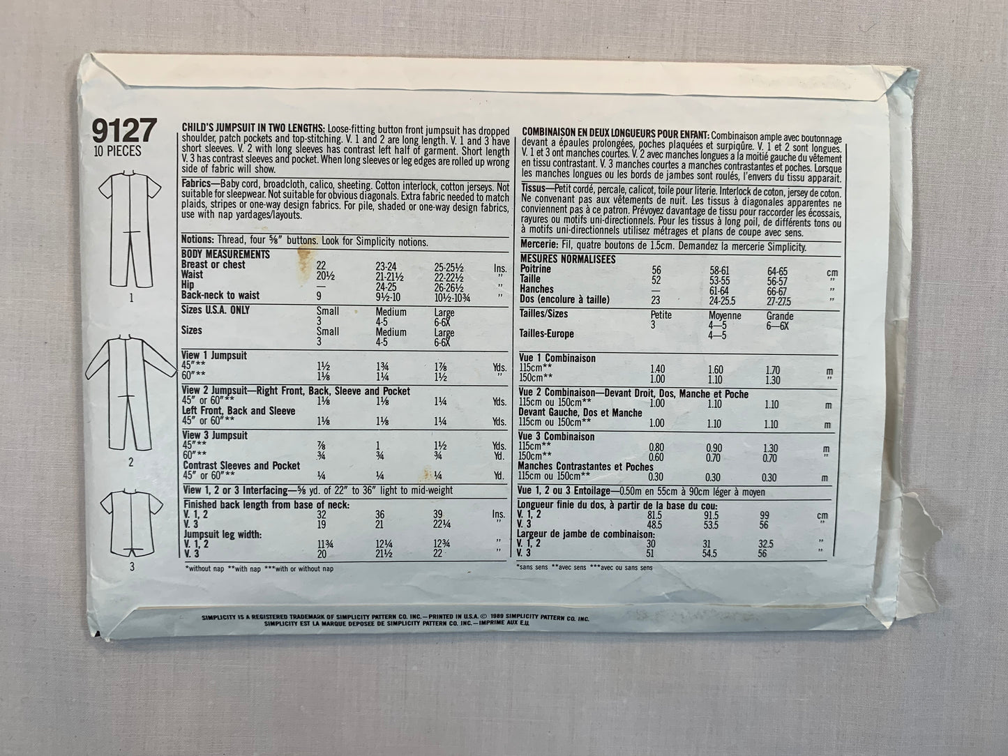 Simplicity Sewing Pattern 9127 Girls' Jumpsuit, Two Lengths, Pockets, Dropped Shoulder, Long/Short Sleeves, Size 4-5, Uncut, Vintage 1989