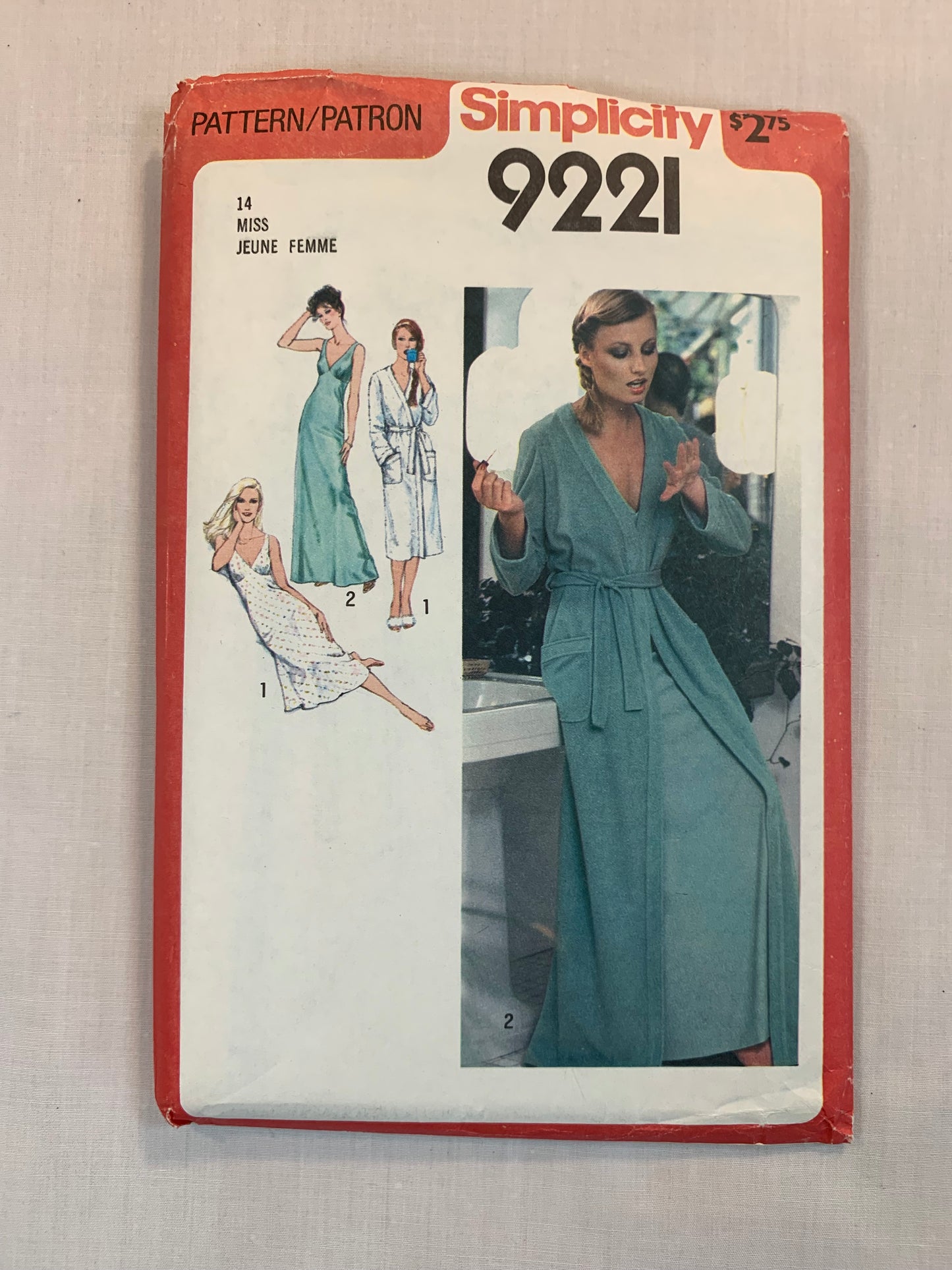 Simplicity Sewing Pattern 9221 Misses' Robe, Housecoat, Long/Short Sleeves, Tie Belt, Front Wrap, Two Lengths, Belt, Size 14, Uncut, Vintage 1979