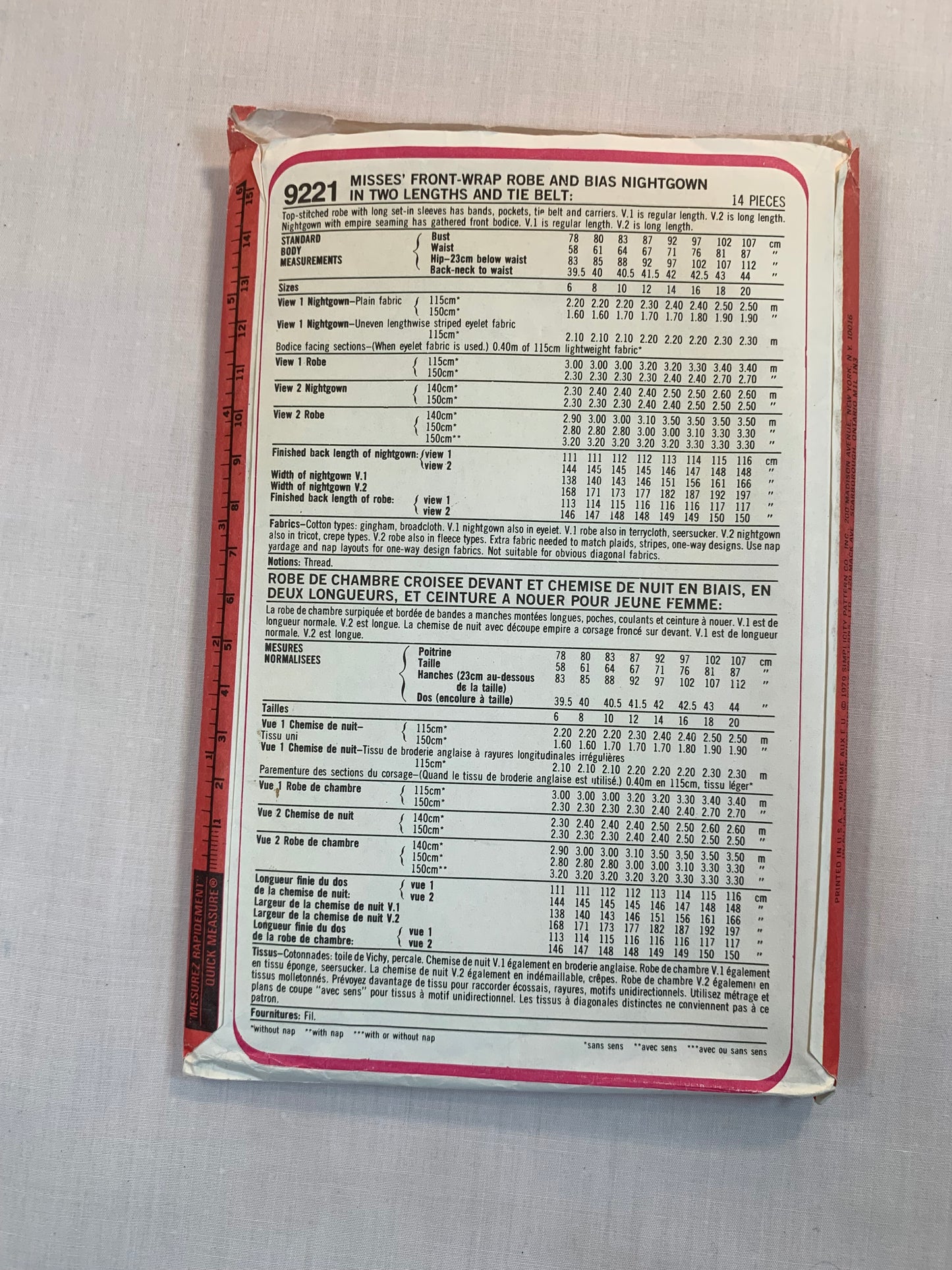 Simplicity Sewing Pattern 9221 Misses' Robe, Housecoat, Long/Short Sleeves, Tie Belt, Front Wrap, Two Lengths, Belt, Size 14, Uncut, Vintage 1979