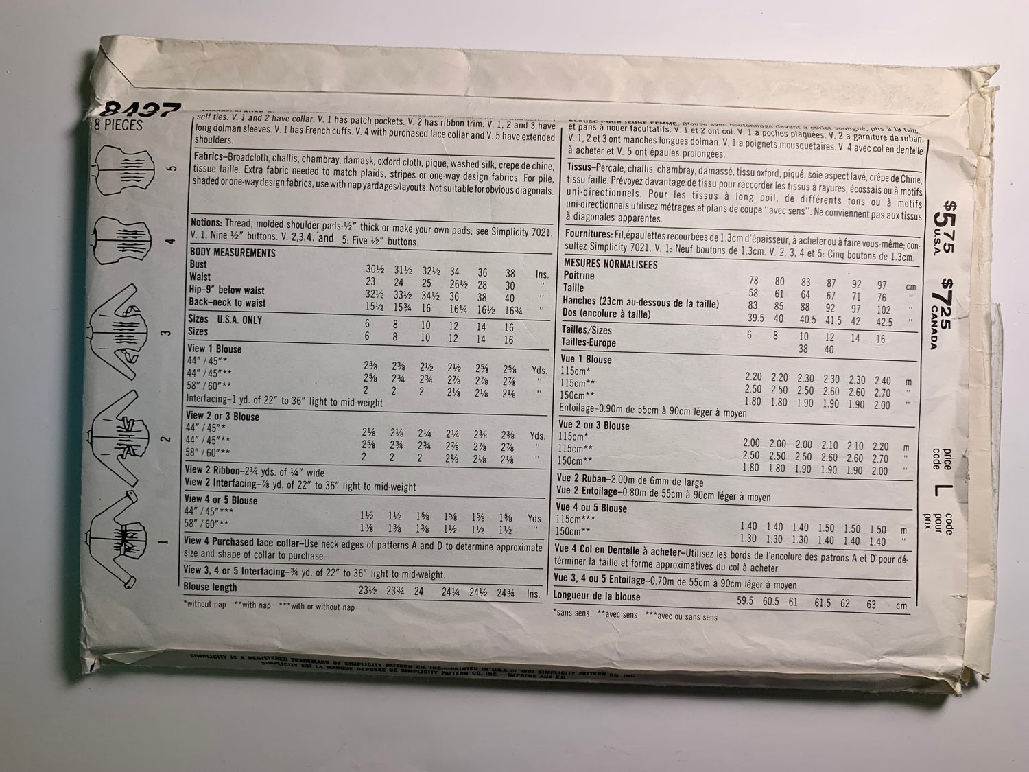 Simplicity 8437 Misses' Blouse, Size 16, Uncut, Vintage 1987