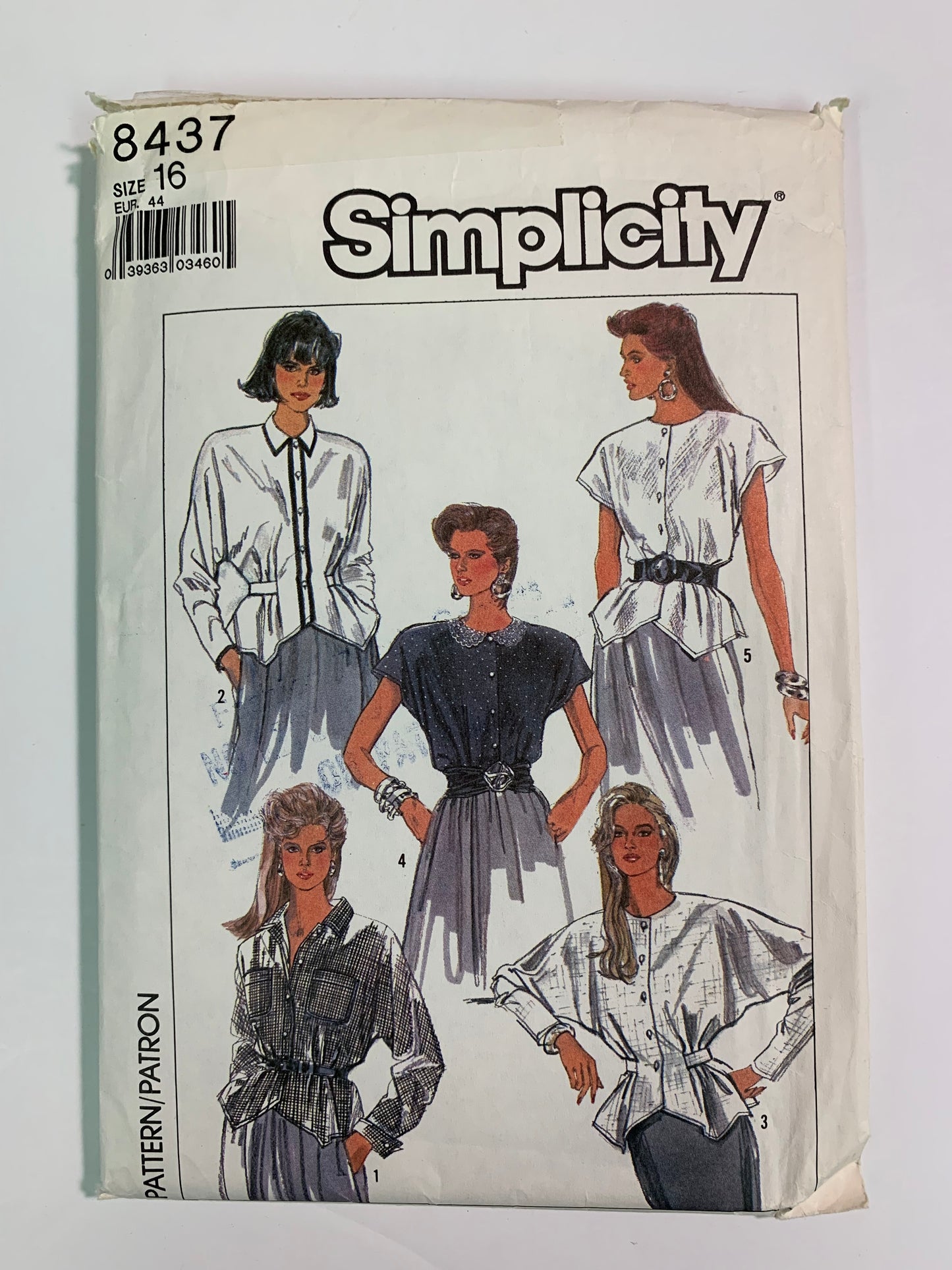 Simplicity 8437 Misses' Blouse, Size 16, Uncut, Vintage 1987