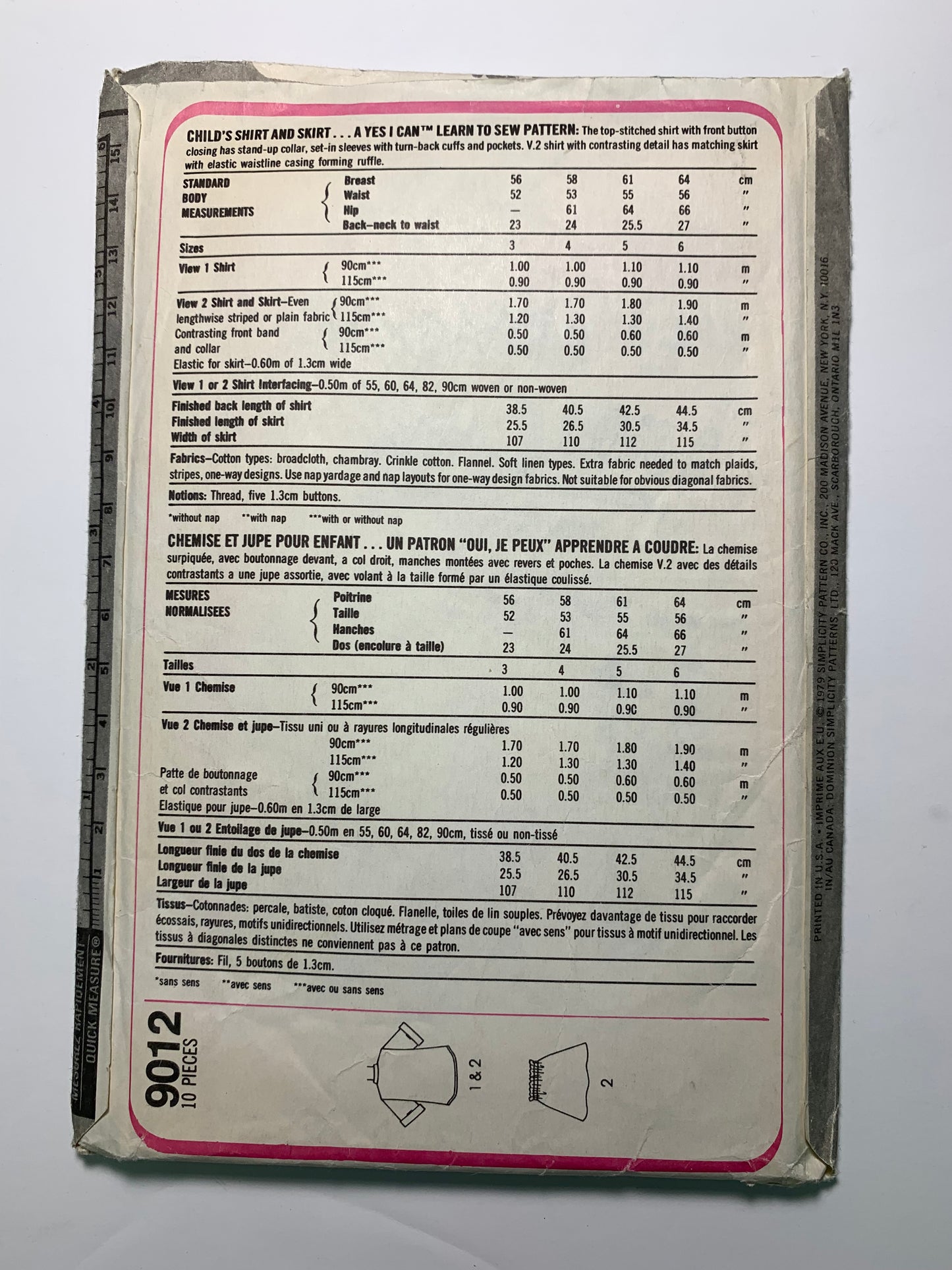 Simplicity 9012 Child's Shirt, Skirt, Size 6, Cut, Vintage 1979