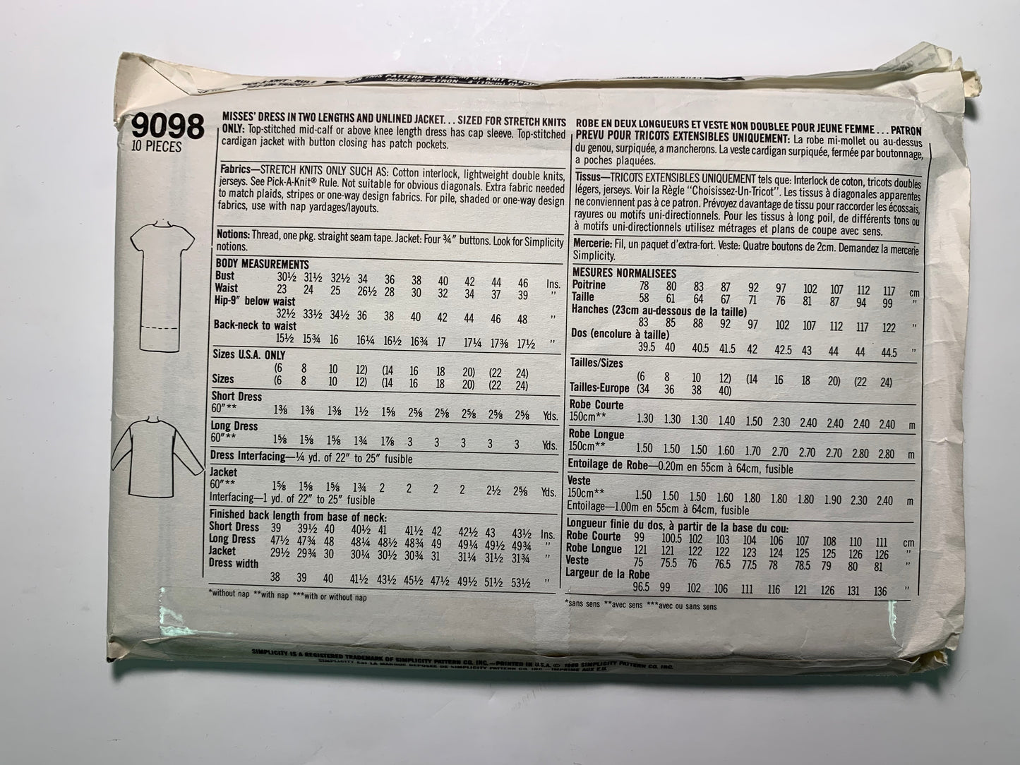 Simplicity 9098 Misses' Dress, Unlined Jacket, Size 14-20, Uncut, Vintage 1989