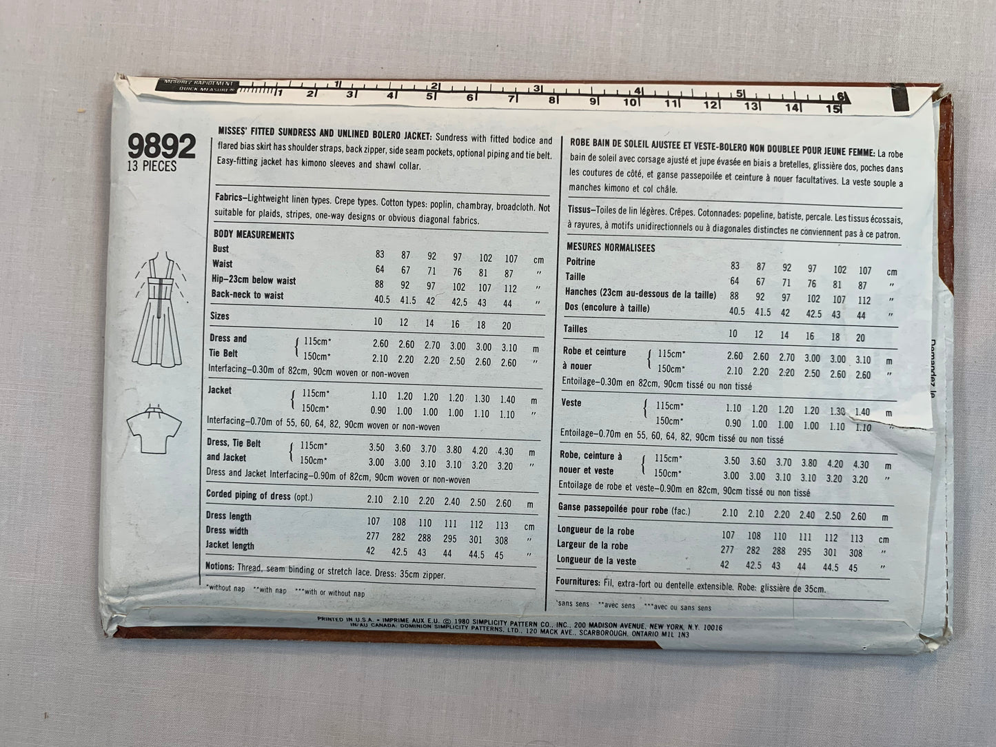 Simplicity Sewing Pattern 9892 Misses' Dress, Bolero Jacket, Sundress, Fitted, Zipper Back, Pockets, Size 20, Uncut, Vintage 1980