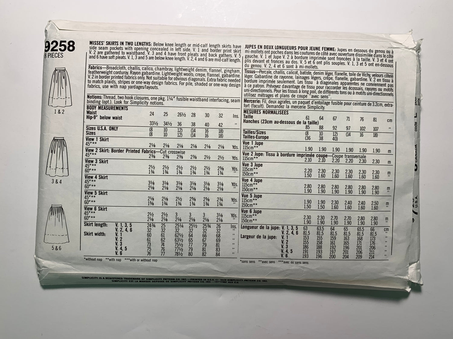 Simplicity 9258 Misses' Skirts, Size 8-12, Uncut, Vintage 1989