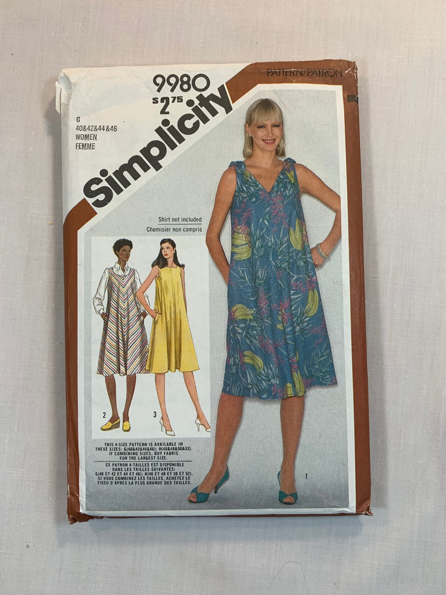 Simplicity Sewing Pattern 9980 Misses' Pullover Sundress. Jumper, Pockets, Scoop/Square Neck, Flared, Below Knee, Size 40-46, Uncut, Vintage 1981