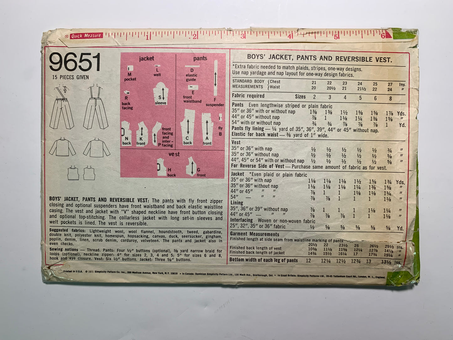 Simplicity 9651 Boys' Jacket, Pants, Vest, Size 3, Cut, Vintage 1971