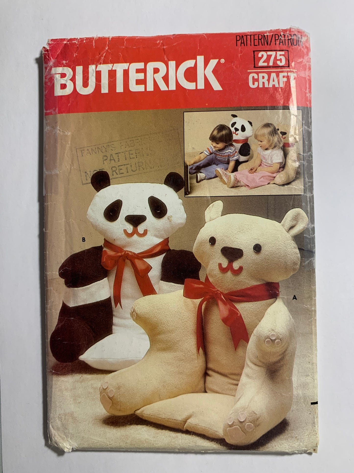 Butterick Sewing Pattern 275 Crafts Stuffed Animal Chairs, Bears, Two Variations, Uncut, Vintage 1987
