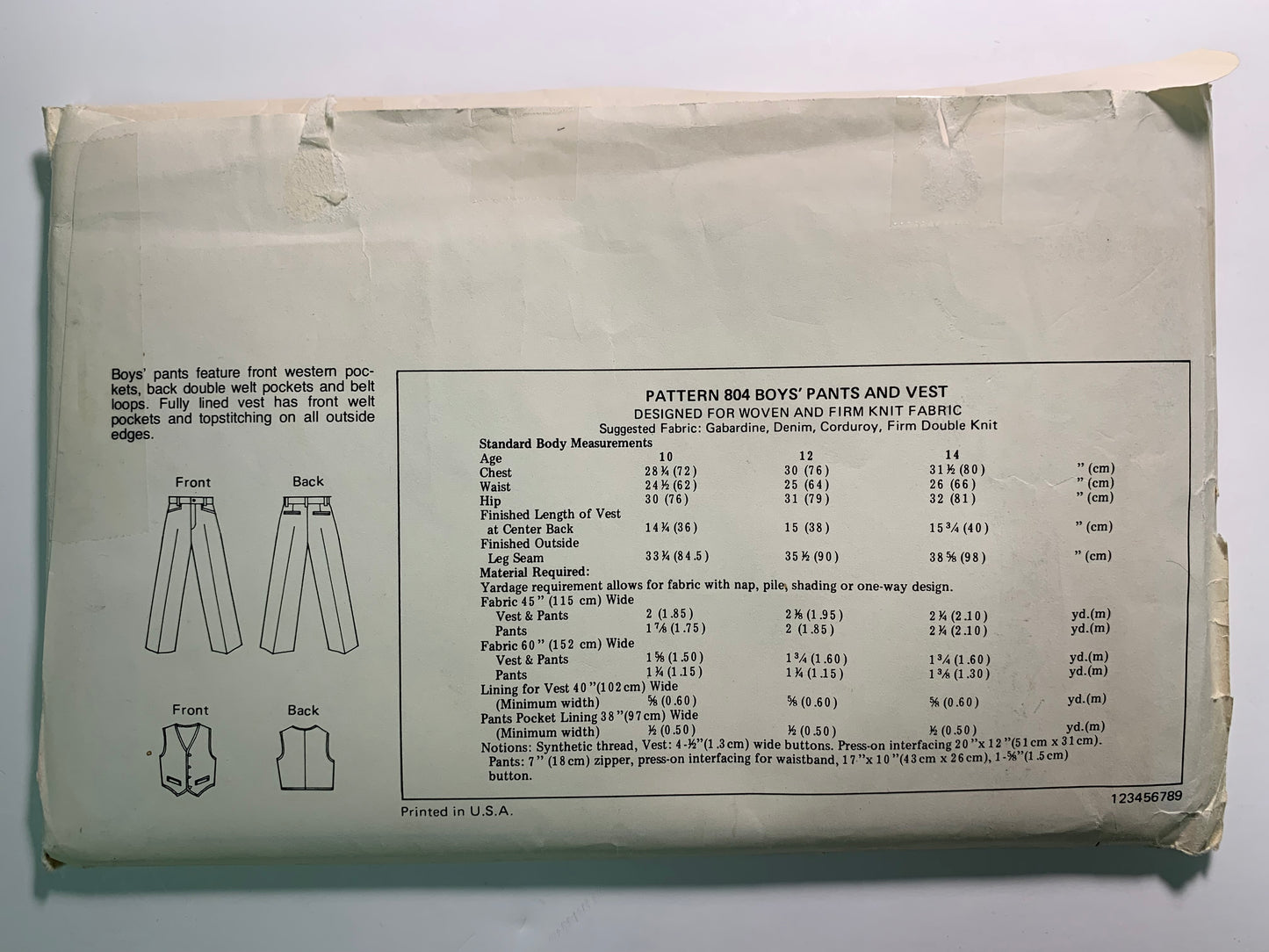 KWIK 804 Boys' Pants, Vest, Size 10-14, Uncut