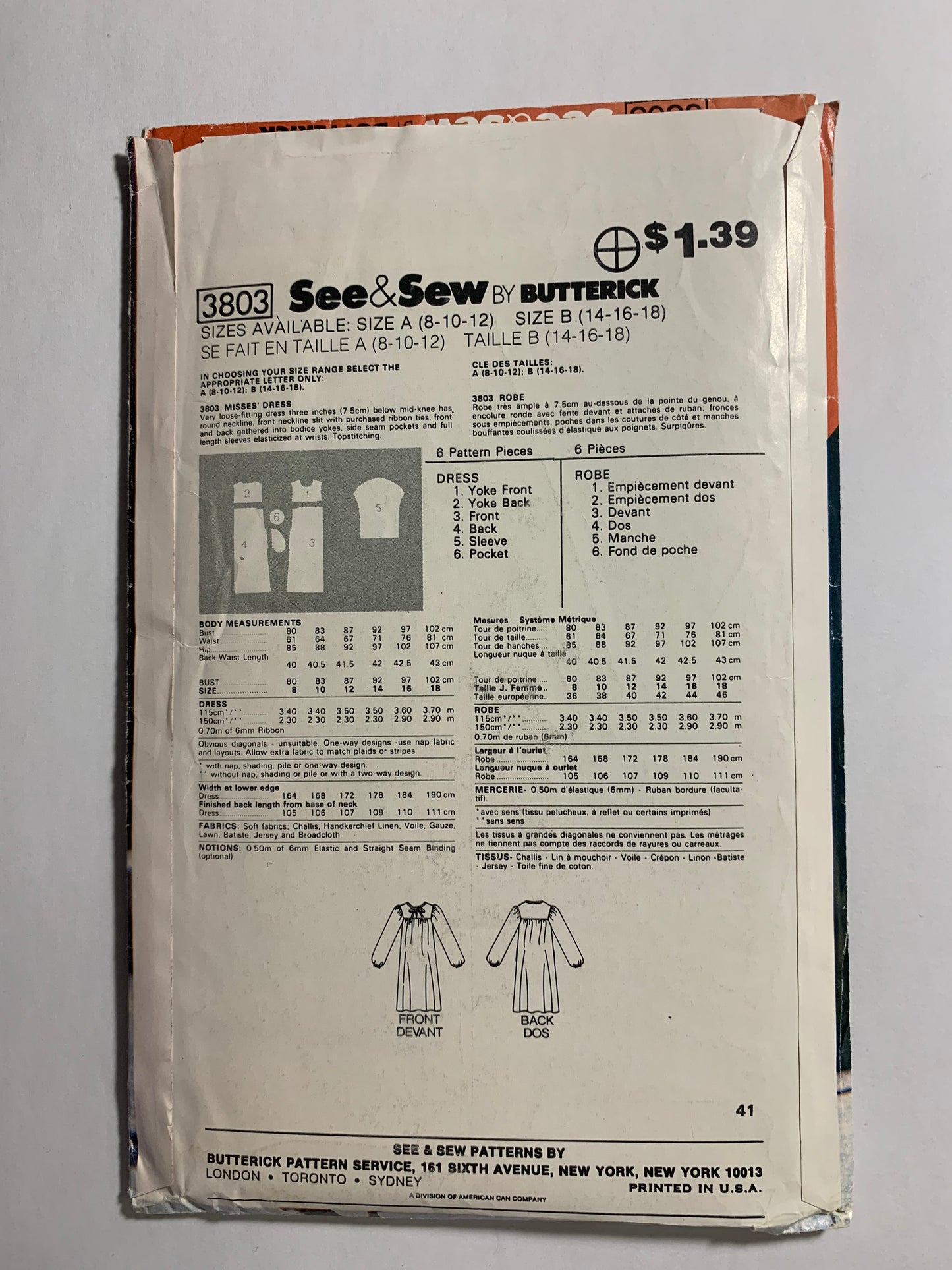 Butterick Sewing Pattern See & Sew 3803 Misses' Dress, Loose-Fitting, Below Mid-Knee, Pullover, Pockets, Round Neckline, Long Sleeves, Size 14-18, Uncut, Vintage 1996