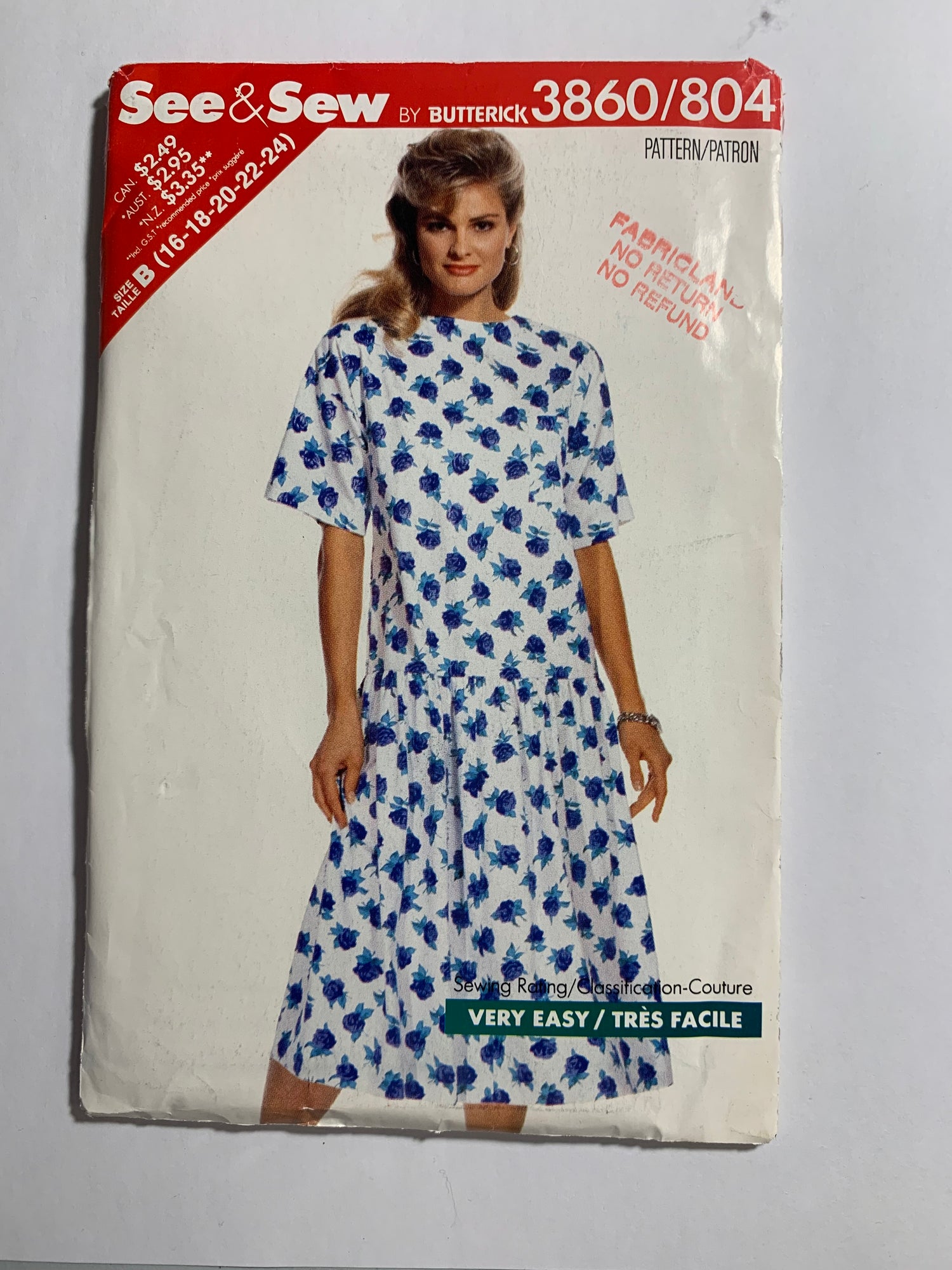 Butterick Sewing Pattern 3860 Misses'/Misses' Petite Dress, Dropped Waist, Flared Skirt, Shoulder Pads, Elbow Sleeves, Pocket, Size 16-24, Uncut, Vintage 1989