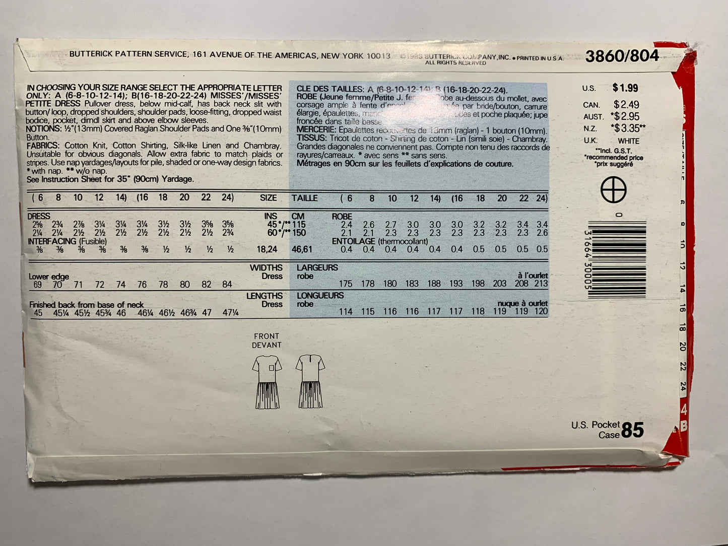 Butterick Sewing Pattern 3860 Misses'/Misses' Petite Dress, Dropped Waist, Flared Skirt, Shoulder Pads, Elbow Sleeves, Pocket, Size 16-24, Uncut, Vintage 1989
