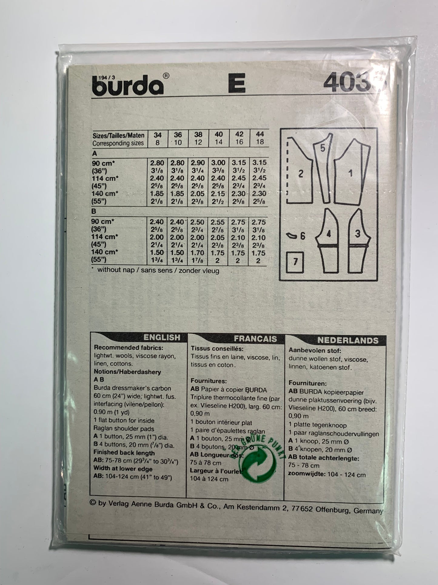 Burda Sewing Pattern 4035 Misses' Jacket, Raglan Long/Short Sleeves,Shoulder Pads, Button Front Pockets, Loose-Fitting, Size 6-18, Uncut
