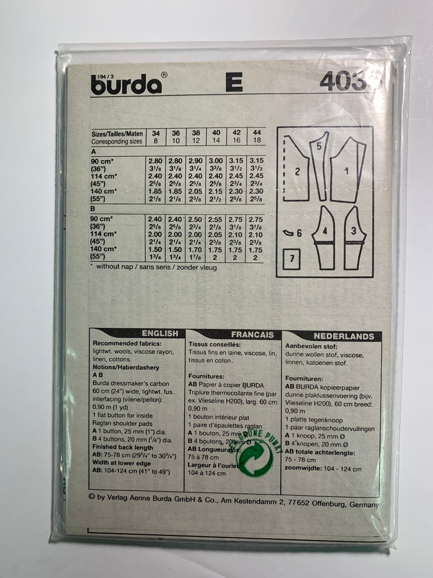 Burda Sewing Pattern 4035 Misses' Jacket, Raglan Long/Short Sleeves,Shoulder Pads, Button Front Pockets, Loose-Fitting, Size 6-18, Uncut