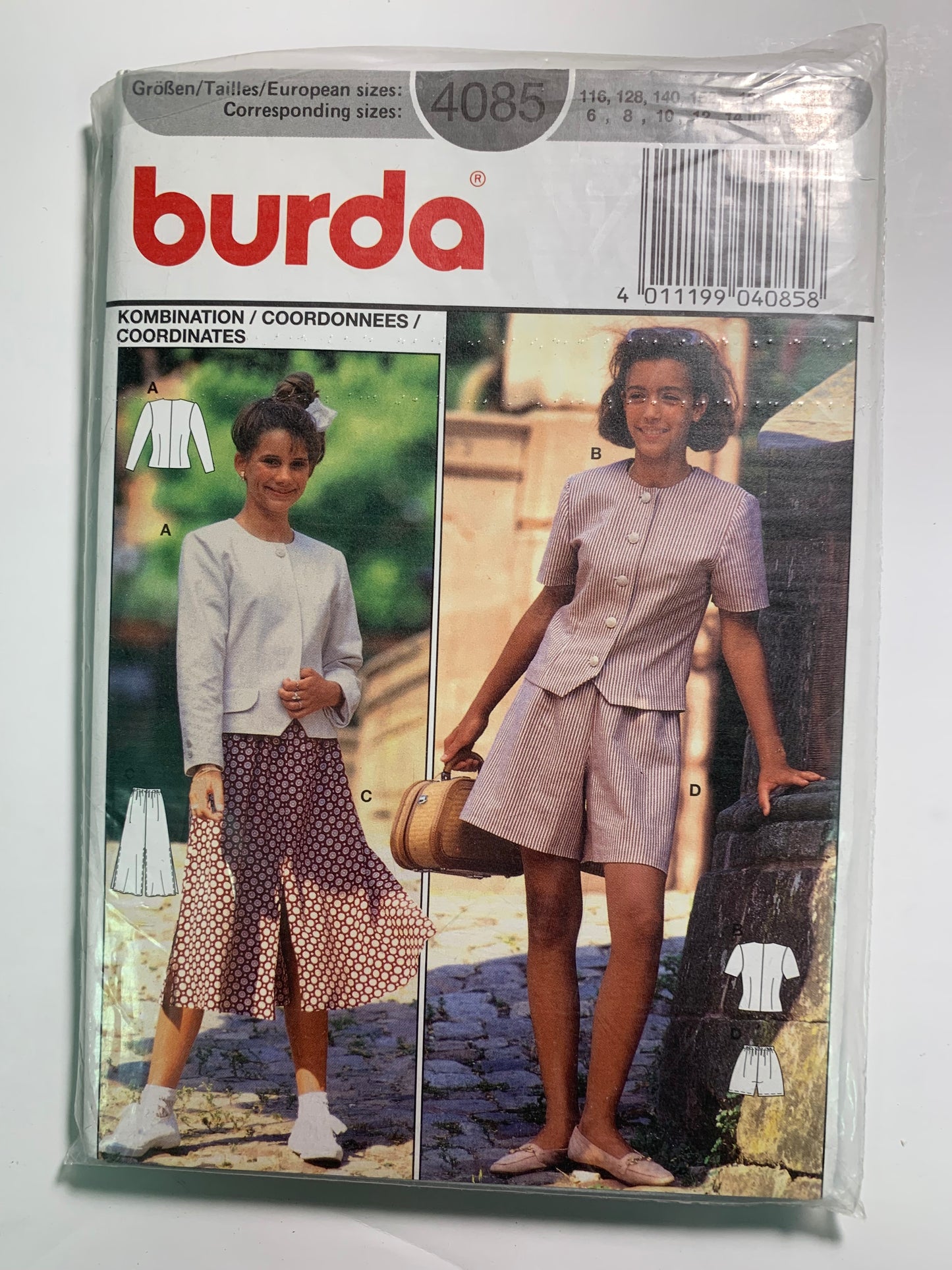 Burda Sewing Pattern 4085 Misses' Cullotes Shorts, Top, Button Front, Long/Short Sleeves, Elastic Waist, Size 6-16, Cut, 2001