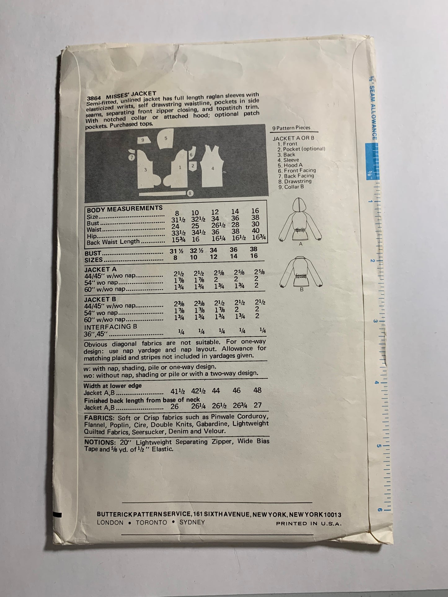 Butterick Sewing Pattern 3864 Misses' Hooded Jacket, Semi-Fitted, Unlined, Long Raglan Sleeves, Pockets, Collar, Size 16, Uncut, Vintage 1997