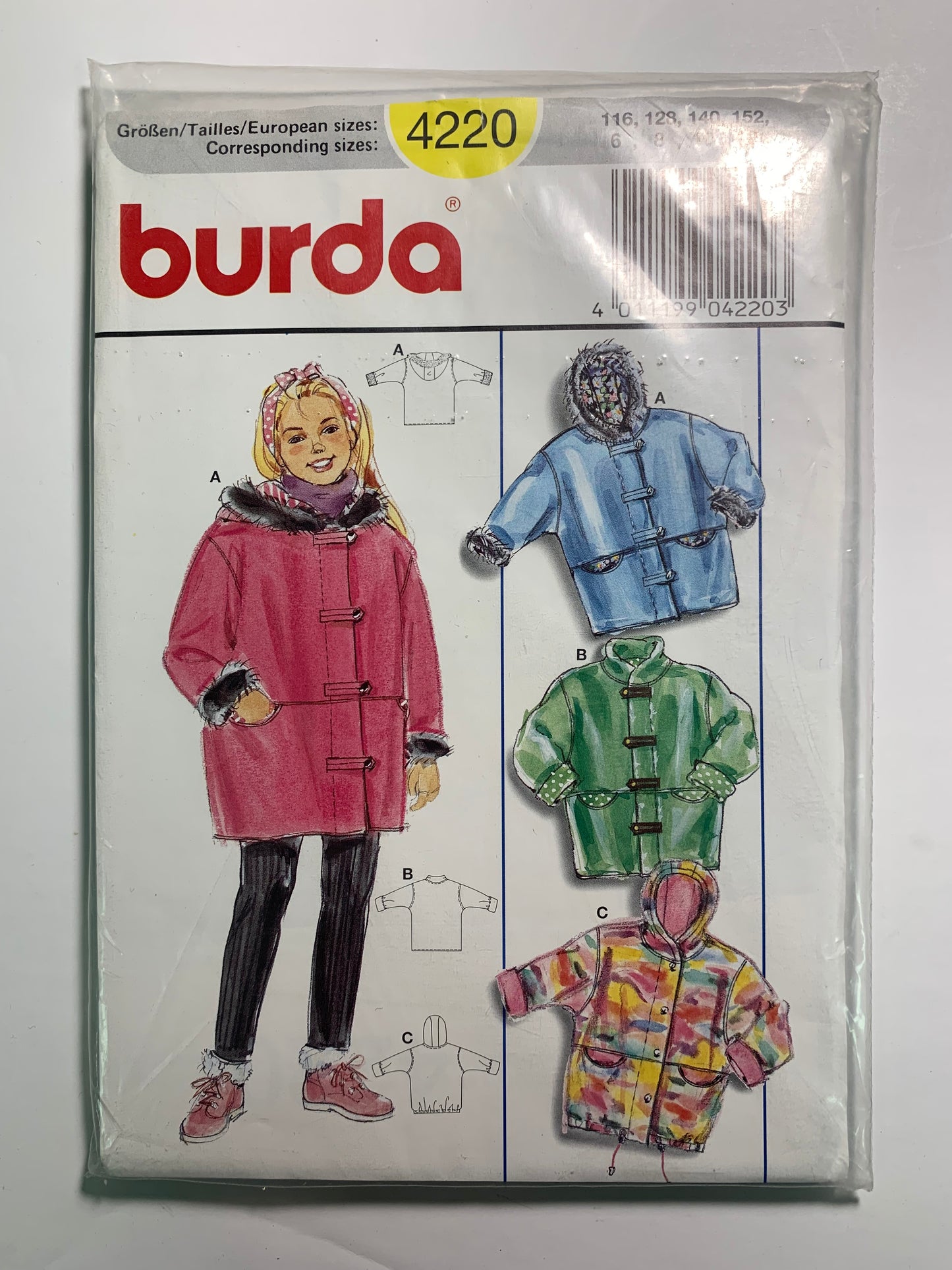 Burda Sewing Pattern 4220 Girls' Coat, Jacket, Button Front, Pockets, Hood, Size 6-12, Uncut, 2000