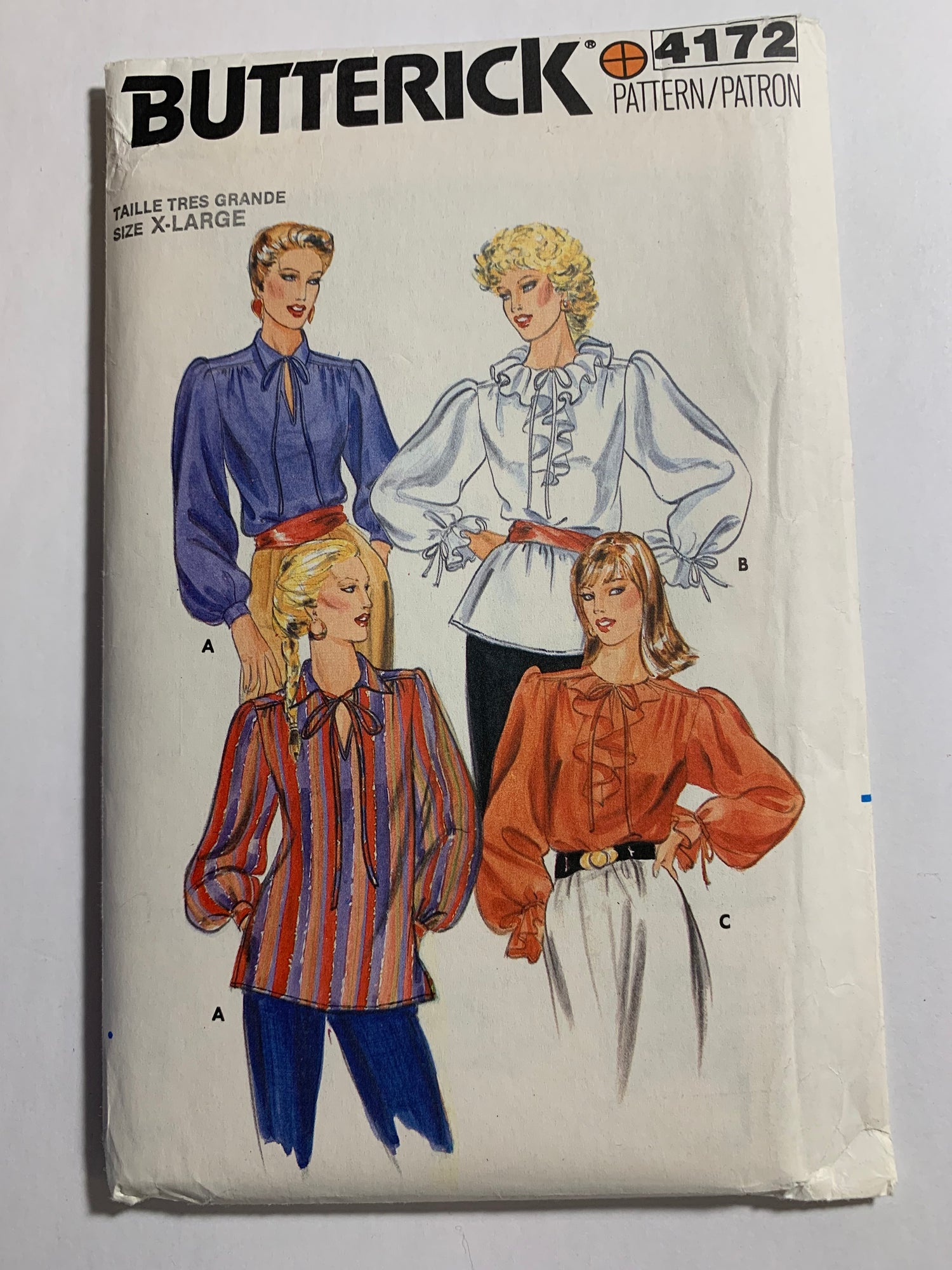 Butterick Vintage Sewing Pattern 4172 Misses' Tunic, Loose-Fitting, Long Sleeves, Ruffles, Collar, 3 Variations, Size 20-22, Uncut, Vintage 1990