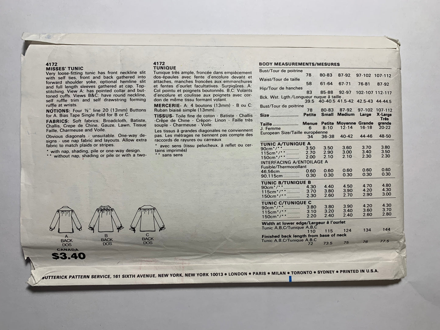 Butterick Vintage Sewing Pattern 4172 Misses' Tunic, Loose-Fitting, Long Sleeves, Ruffles, Collar, 3 Variations, Size 20-22, Uncut, Vintage 1990