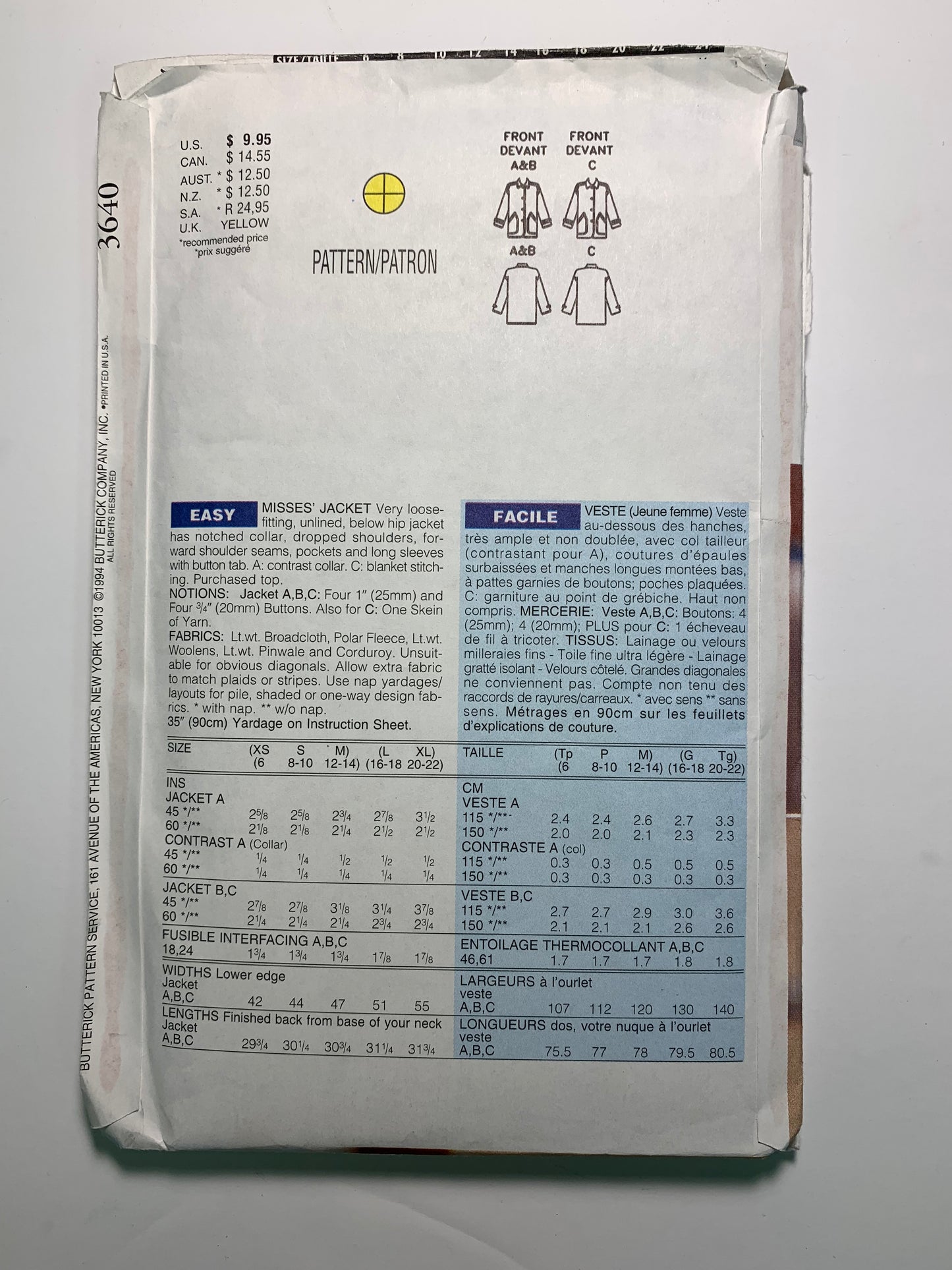 Butterick Sewing Pattern 3640 Misses' Jacket, Coats, Loose-Fitting, Collar, Pockets, Long Sleeves, Size 6-14 Uncut, Vintage 1994