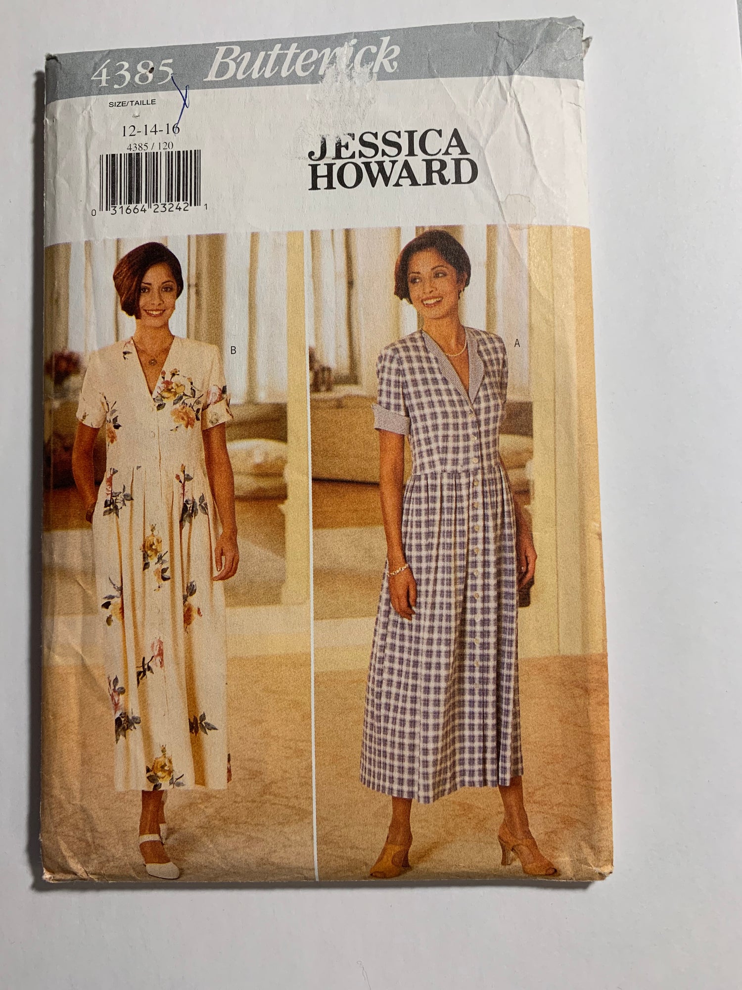 Butterick Jessica Howard Sewing Pattern 4385 Misses'/Misses' Petite Dress, Above Ankle, Front Button, Shoulder Pads, Loose-Fitting, Size 12-16, Uncut, Vintage 1996