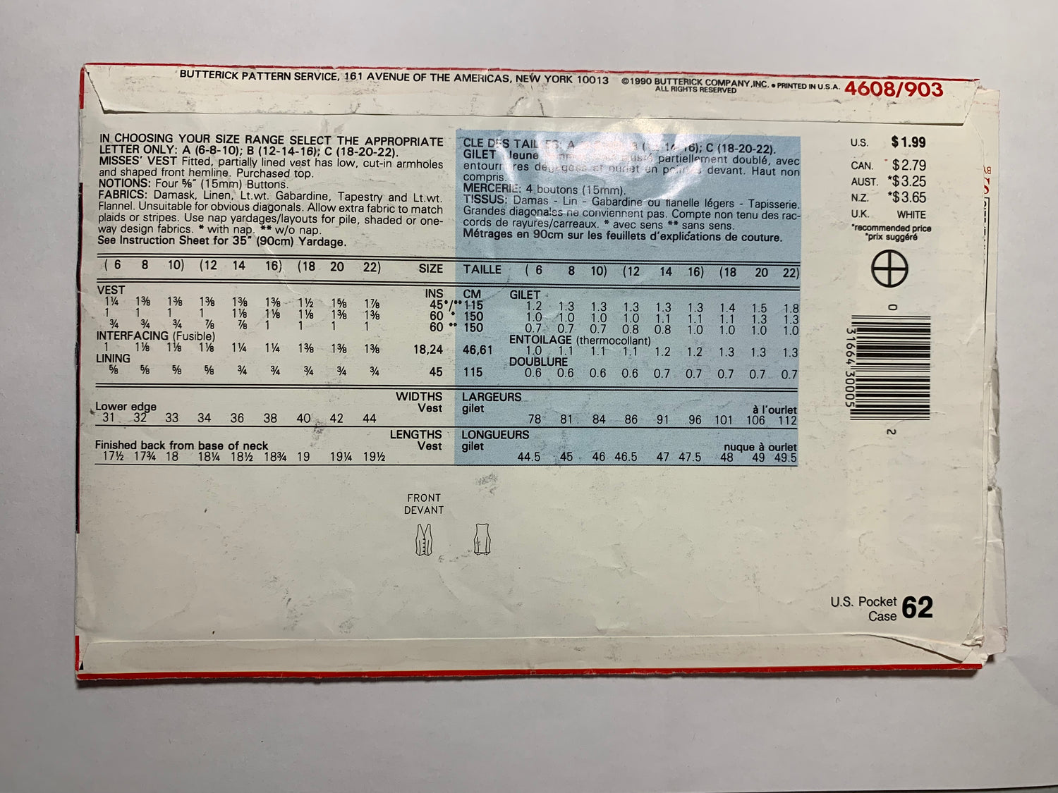 Butterick Sewing Pattern 4608 Misses' Lined Vest, Fitted, Sleeveless, Button Front, Size 6-10, Uncut, Vintage 1990