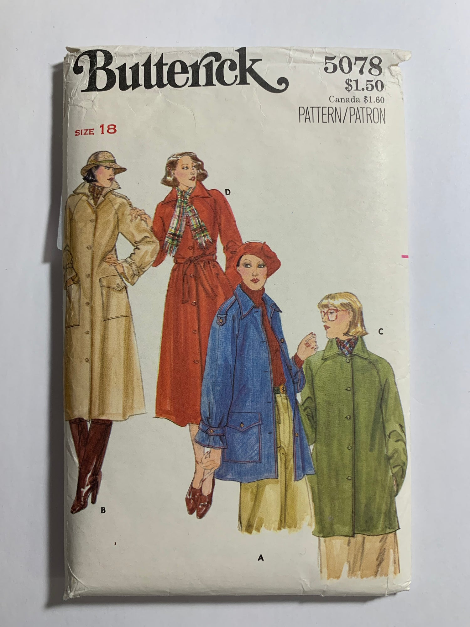 Butterick Sewing Pattern 5078 Misses' Jacket, Coat, Belt, Loose-Fitting, Collar, Long Raglan Sleeves, Two Lengths, Size 18, Uncut, Vintage 1990