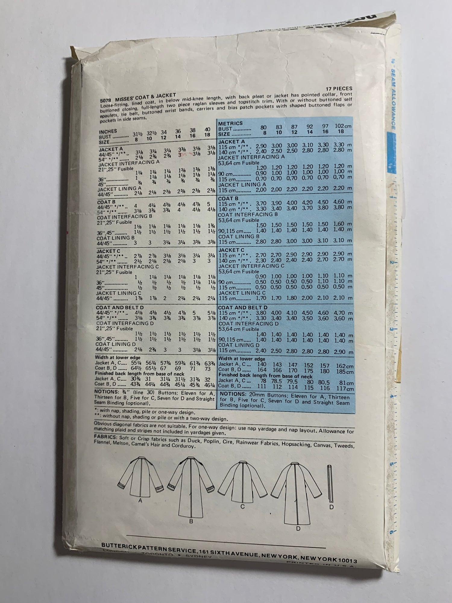 Butterick Sewing Pattern 5078 Misses' Jacket, Coat, Belt, Loose-Fitting, Collar, Long Raglan Sleeves, Two Lengths, Size 18, Uncut, Vintage 1990