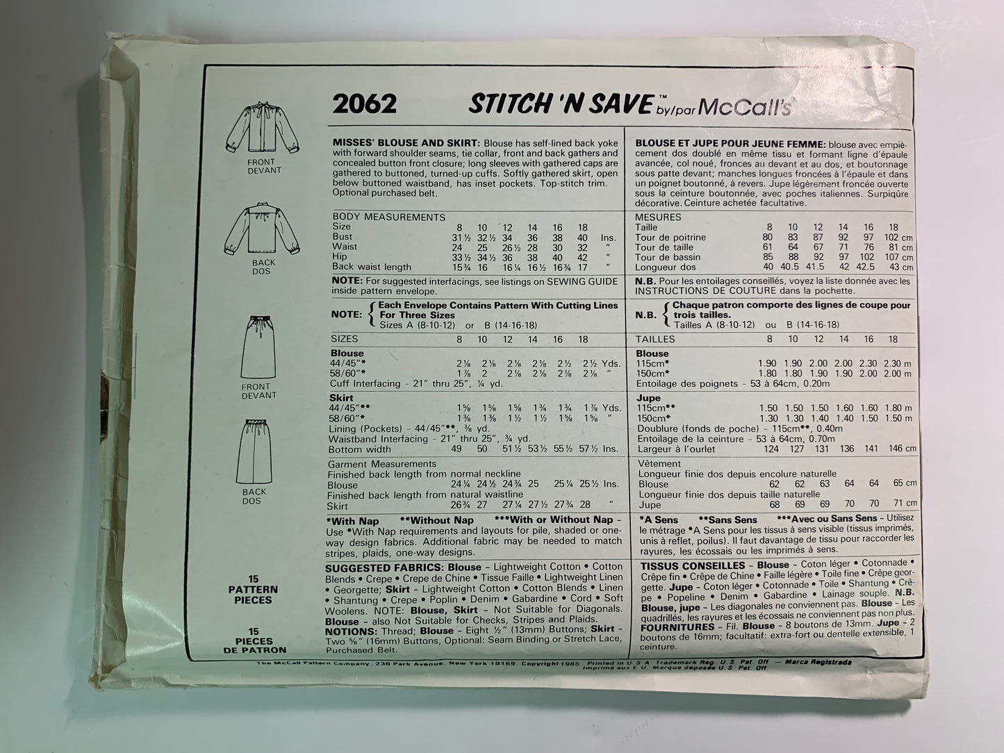 McCall's 2062 Stitch 'N Save Blouse, Skirt, Size 8-12, Cut, Vintage 1985