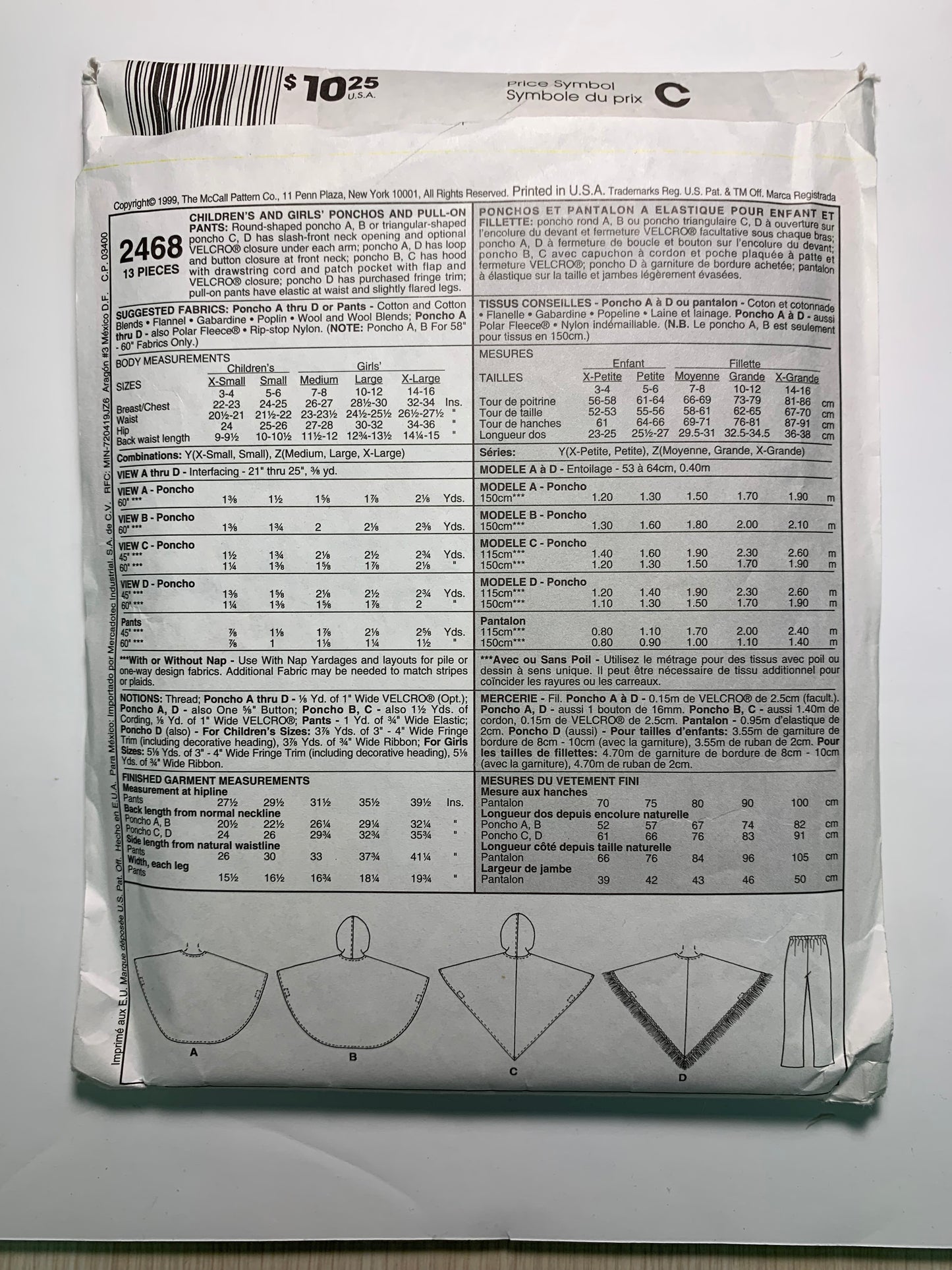 McCall's 2468 Ponchos, Pants, Size 7-8, Cut, Vintage 1999