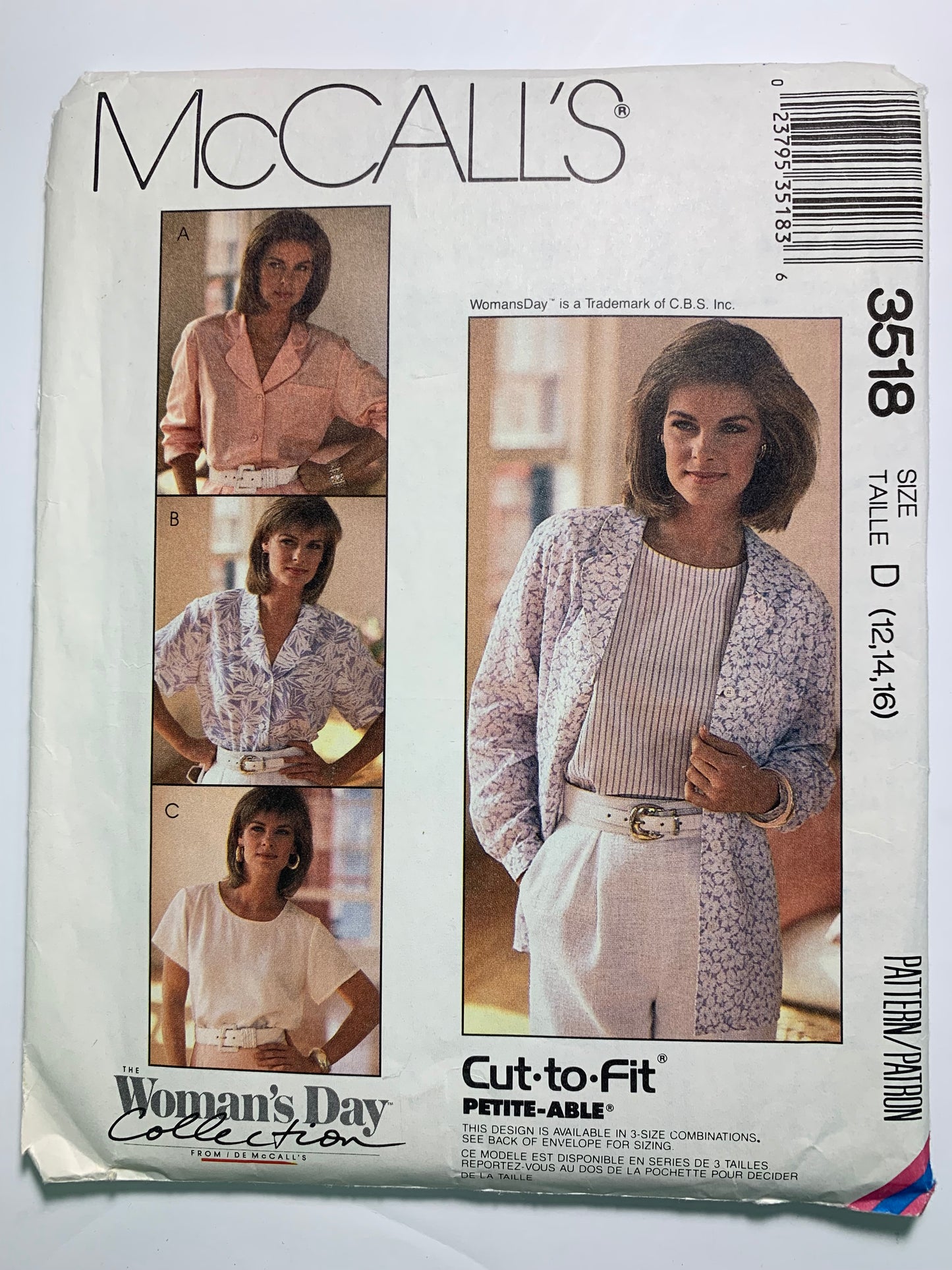 McCall's 3518 Misses' Blouse, Size 12-16, Uncut, Vintage 1988