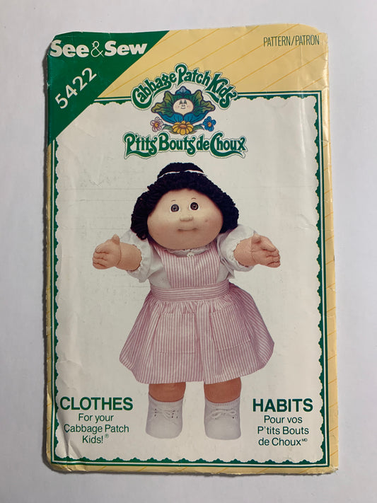 Butterick Sewing Pattern 5422 Cabbage Patch Doll Dress, Jumper, Blouse, Pockets, Button Back, 16" Doll, Uncut, Vintage 1986