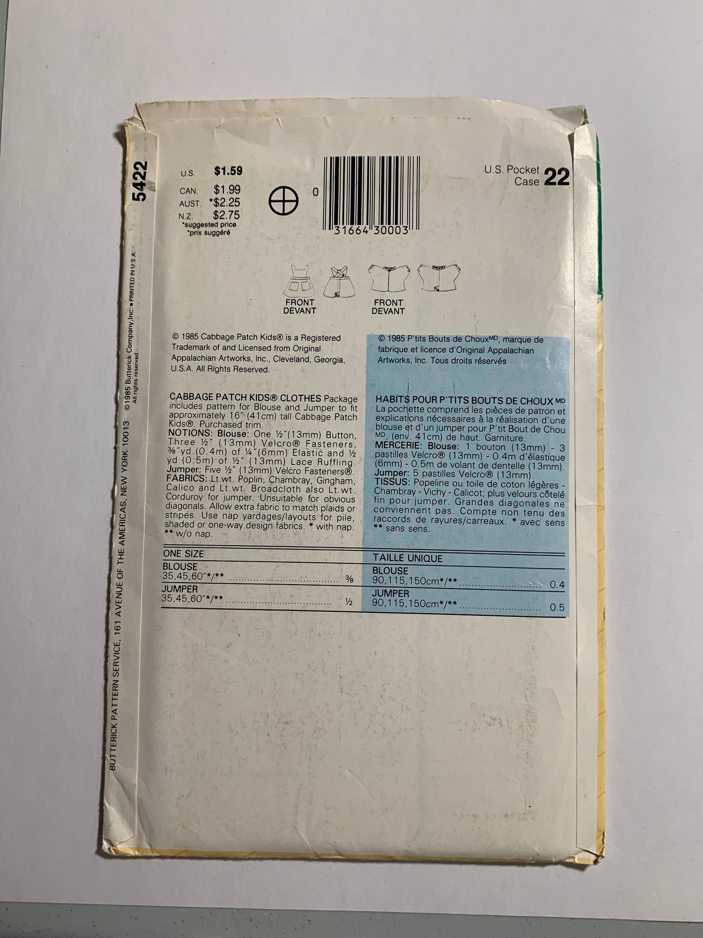 Butterick Sewing Pattern 5422 Cabbage Patch Doll Dress, Jumper, Blouse, Pockets, Button Back, 16" Doll, Uncut, Vintage 1986