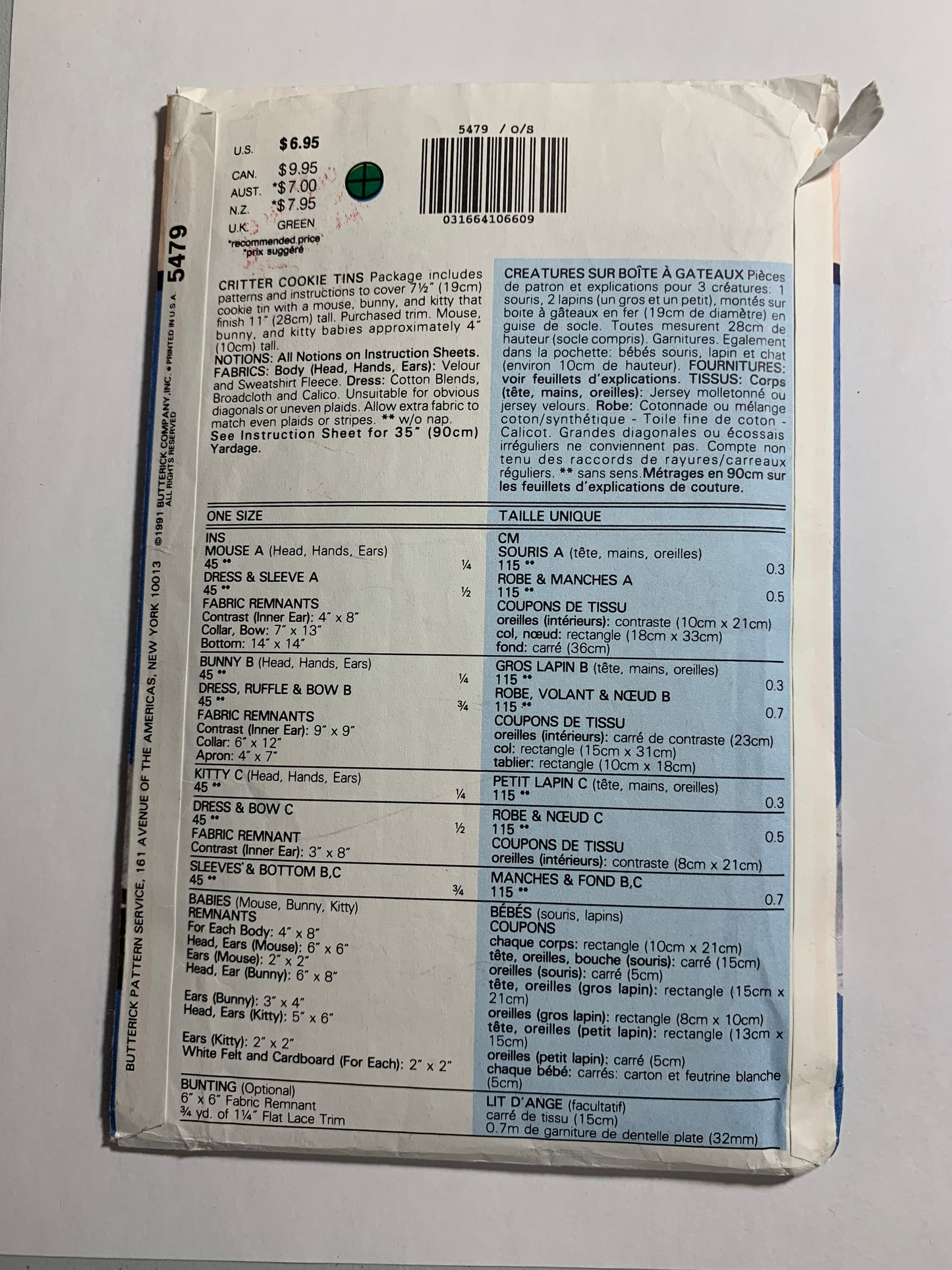 Butterick Sewing Pattern 5479 Crafts, Critter Cookie Tin, Mouse, Bunny, Kitty, Uncut, Vintage 1991