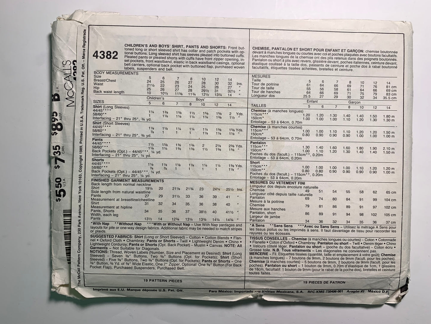 McCall's 4382 Boys' Shirt, Pants, Shorts, Size 7, Cut, Vintage 1989