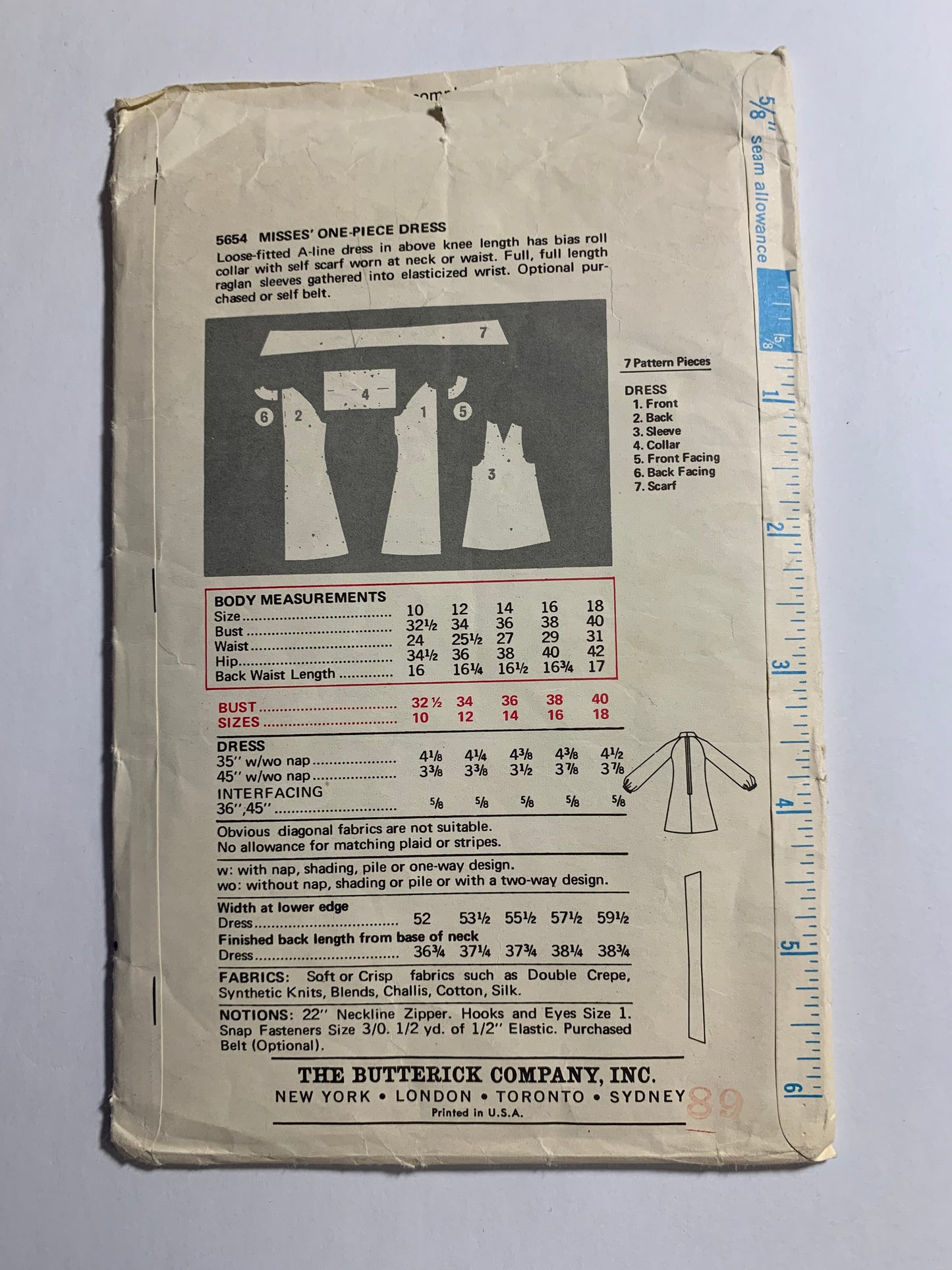 Butterick Sewing Pattern 5654 Misses' Dress, Loose-Fitted, Knee Length, Collar, Scarf, Long Raglan Sleeves, Zipper Back, Size 12, Uncut, Vintage 1978