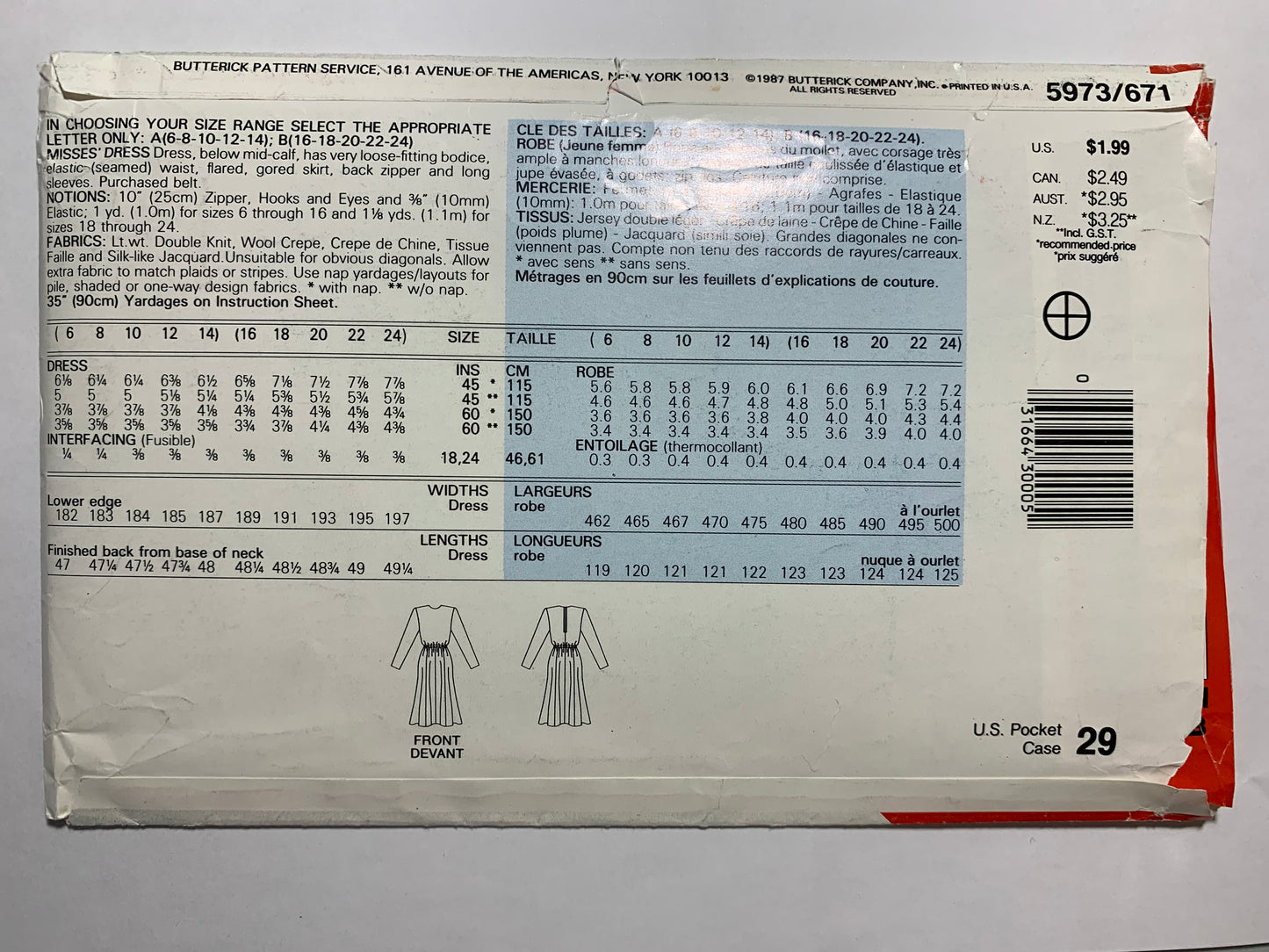 Butterick See & Sew Sewing Pattern 5973, Misses' Dress, Long Sleeves, Zipper Back, Flared Skirt, Loose-Fitting, Size 12-16, Uncut, Vintage 1986