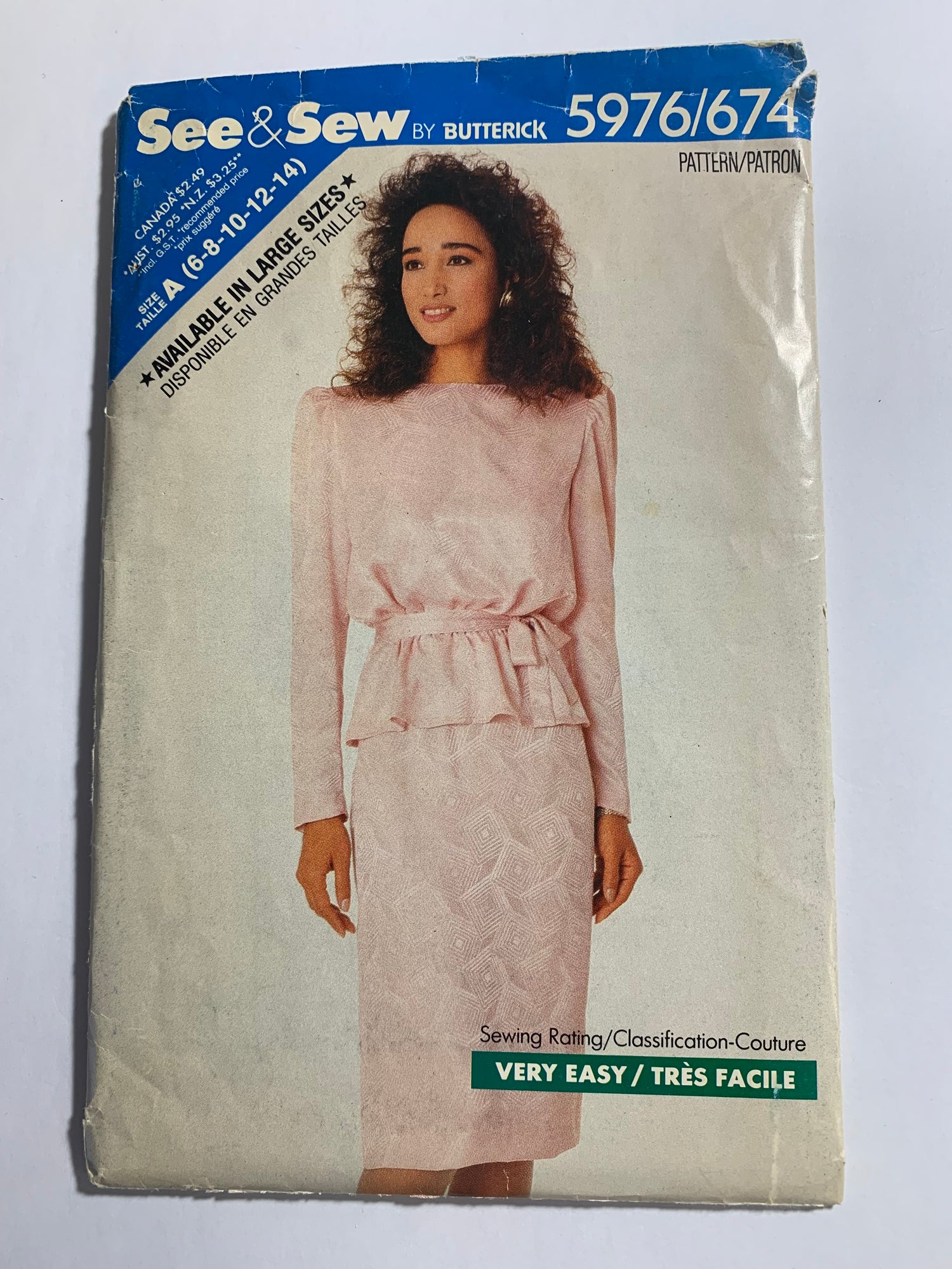 Butterick See & Sew Sewing Pattern 5976 Misses' Top, Skirt, Loose-Fitting, Long Sleeves, Zipper Back, Pullover, Shoulder Pads, Size 6-14, Uncut, Vintage 1987