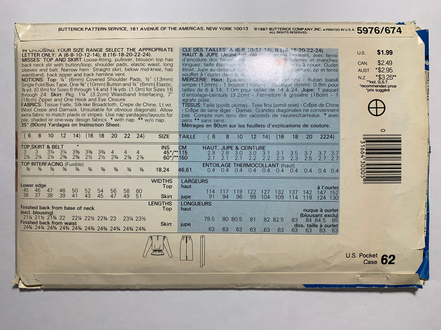 Butterick See & Sew Sewing Pattern 5976 Misses' Top, Skirt, Loose-Fitting, Long Sleeves, Zipper Back, Pullover, Shoulder Pads, Size 6-14, Uncut, Vintage 1987
