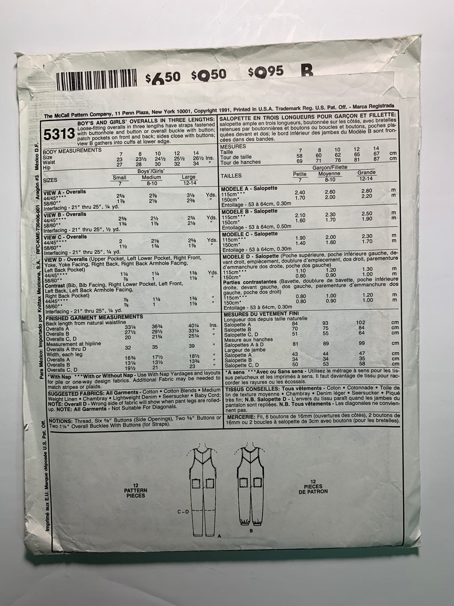 McCall's 5313 Boys', Girls' Overalls, Size 8-10, Cut, Vintage 1991
