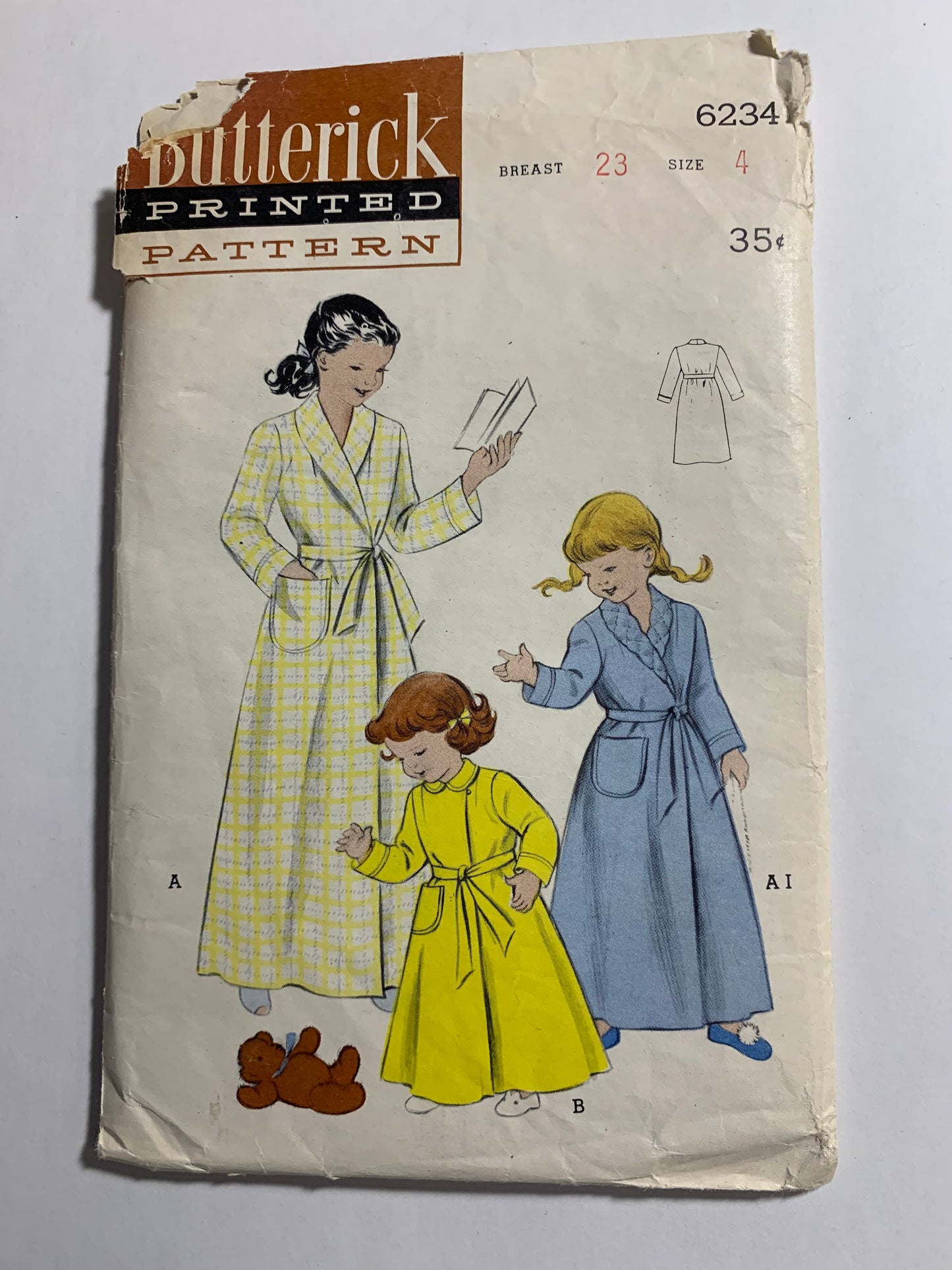 Butterick Sewing Pattern 6234 Girls' Robe, Pockets, Long Sleeves, Tie Belt, Wrap Around, Peter Pan Collar, Housecoat, Size 4, Uncut, Vintage 1950