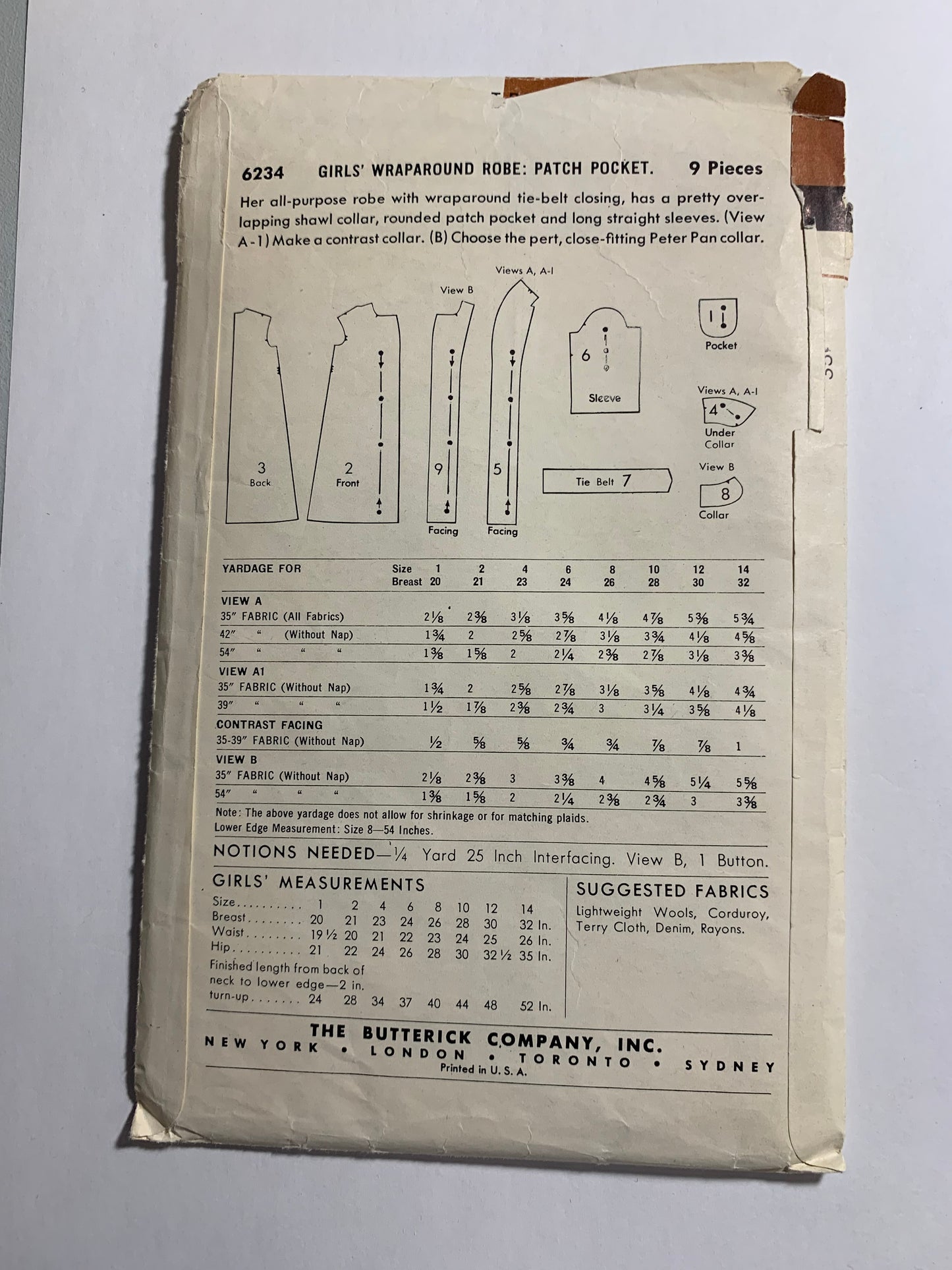 Butterick Sewing Pattern 6234 Girls' Robe, Pockets, Long Sleeves, Tie Belt, Wrap Around, Peter Pan Collar, Housecoat, Size 4, Uncut, Vintage 1950