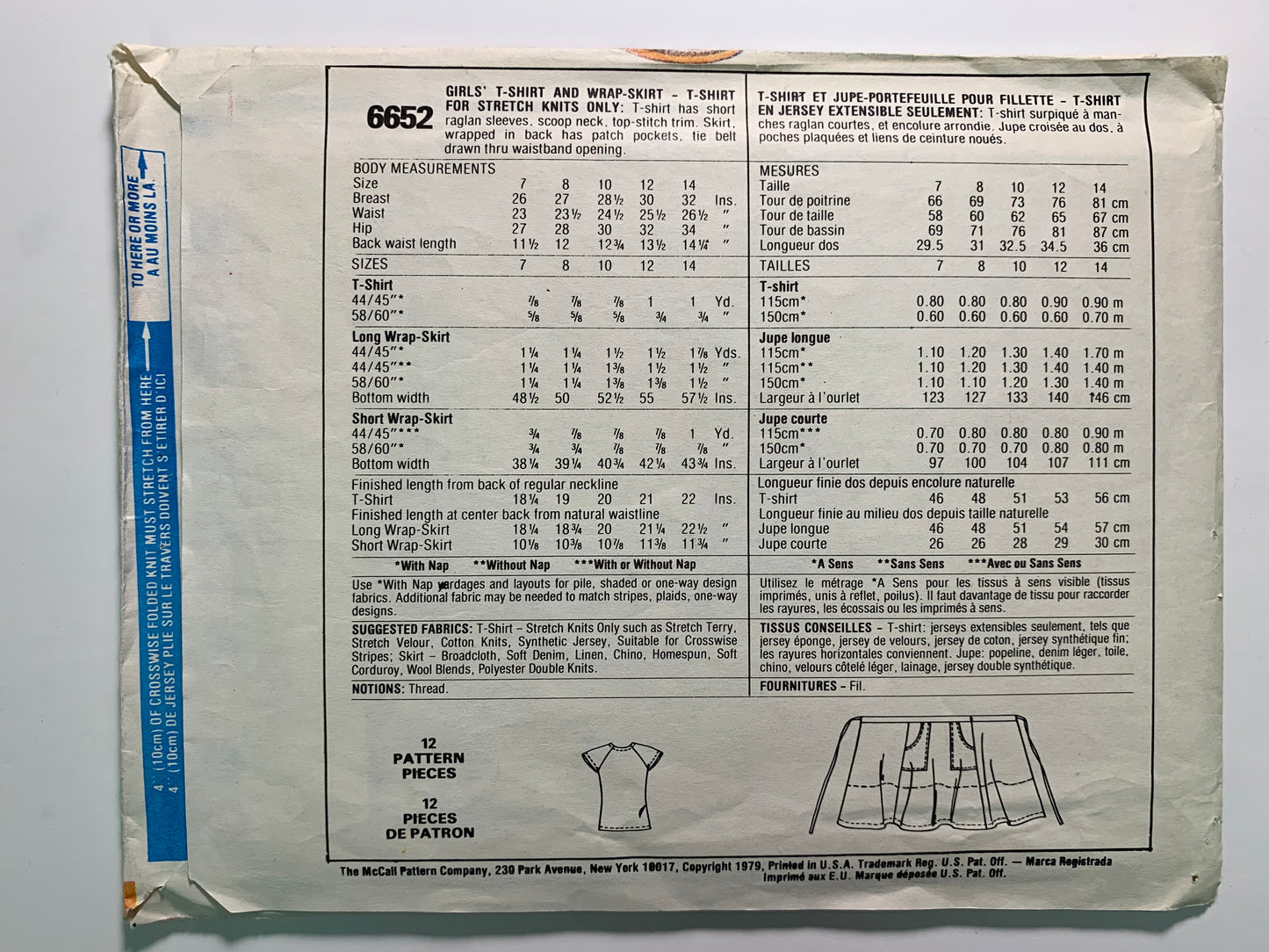McCall's 6652 Girls' T Shirt, Wrap Skirt, Size 7, Cut, Vintage 1979