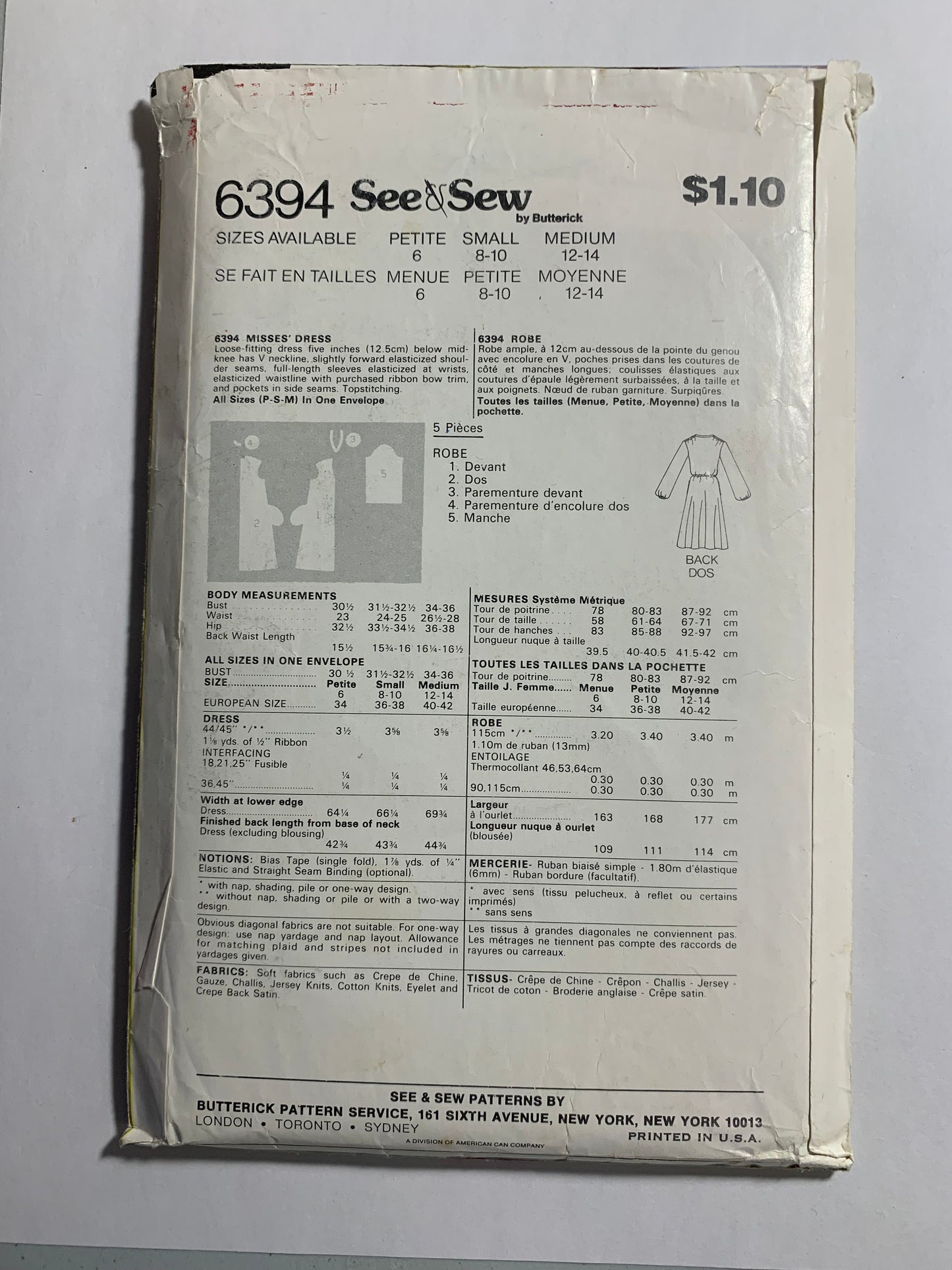 Butterick See & Sew Sewing Pattern 6394 Misses' Dress, Long Sleeves, Flared Skirt, Loose-Fitting, Pockets, Size 6-14, Uncut, Vintage 1992