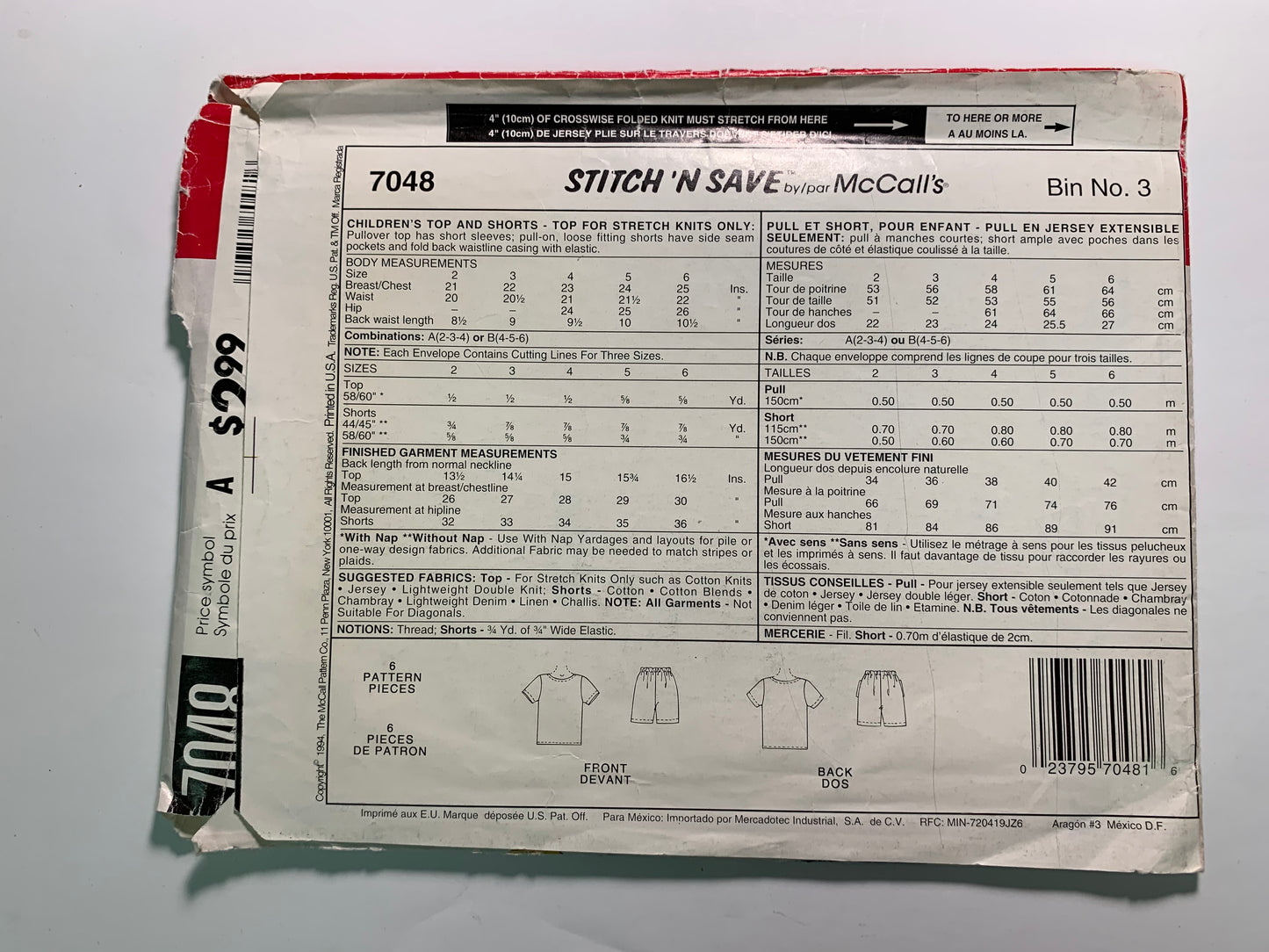 McCall's Stitch 'N Save 7048 Children's Top, Shorts, Size 2-4, Cut, Vintage 1994