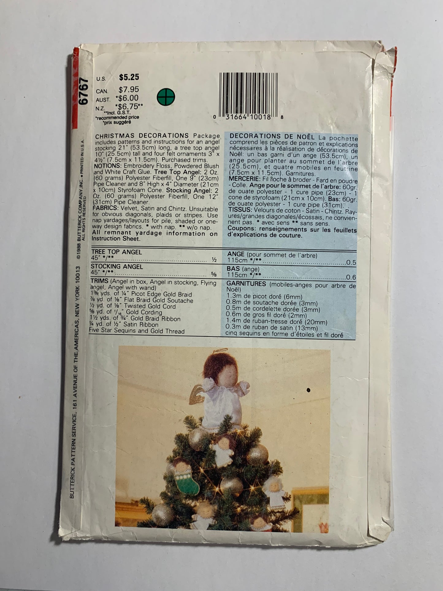 Butterick Sewing Pattern 6767 Craft Christmas Ornaments, Angel Stocking, Tree Top Angel, Various Ornaments, Uncut, Vintage 1988
